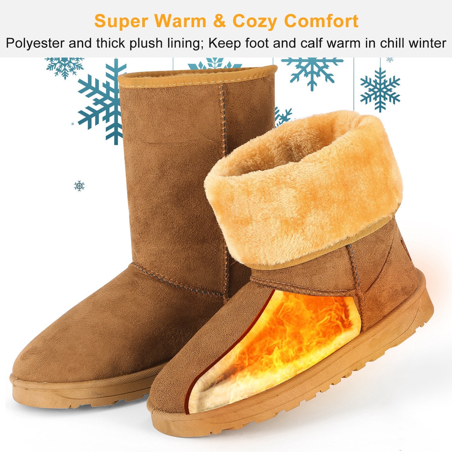 Women Ladies Snow Boots Waterproof Faux Suede Mid-Calf Boots Fur Warm Lining