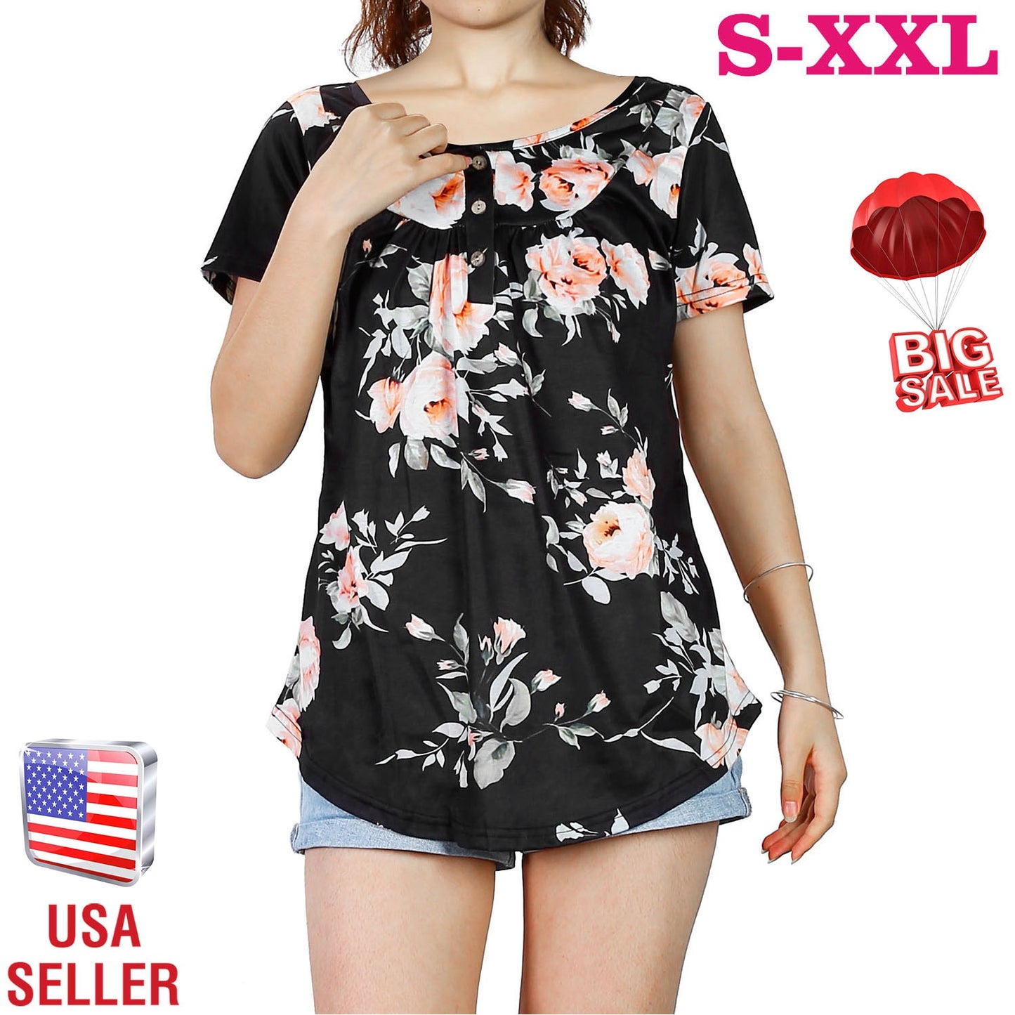 Women Summer Shirts Tops Loose Short Sleeve T Shirts Casual Floral Printed