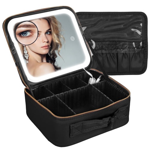 Travel Makeup Bag with LED Mirror Makeup Case Organizer with 3 Light Colors 0105