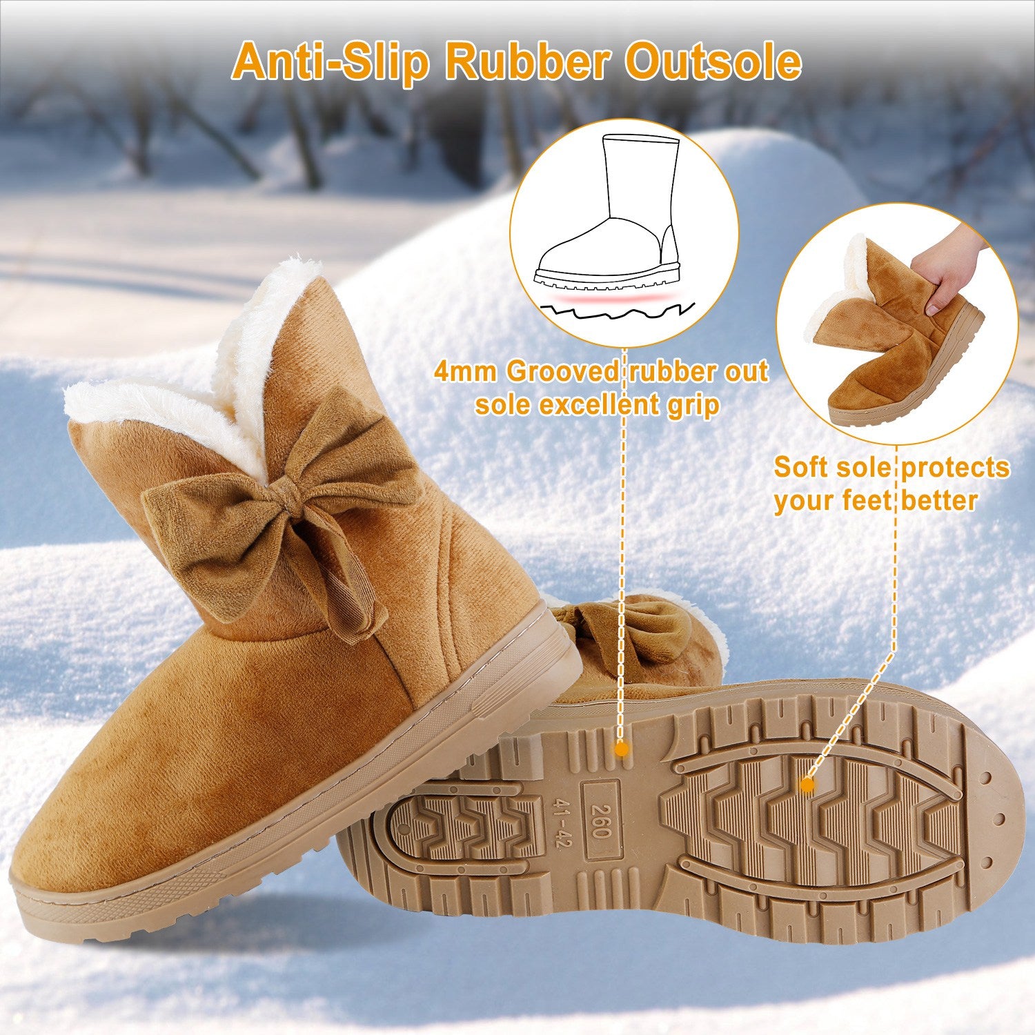 Women Ladies Snow Boots Super Soft Fabric Mid-Calf Winter Shoes Thickened Plush