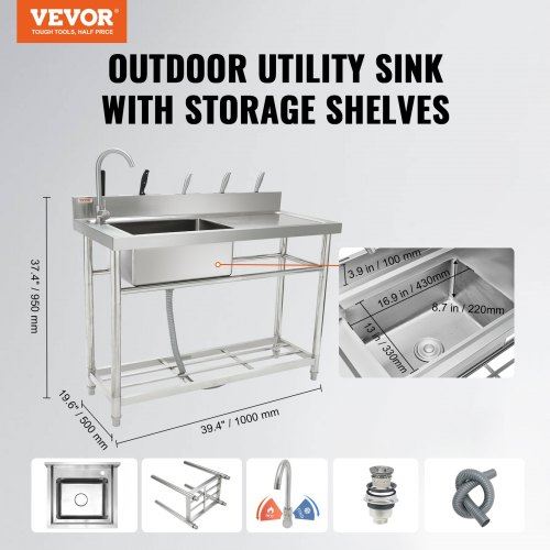 Stainless Steel Utility Sink 1 Compartment Free Standing Small Sink w/Workbench