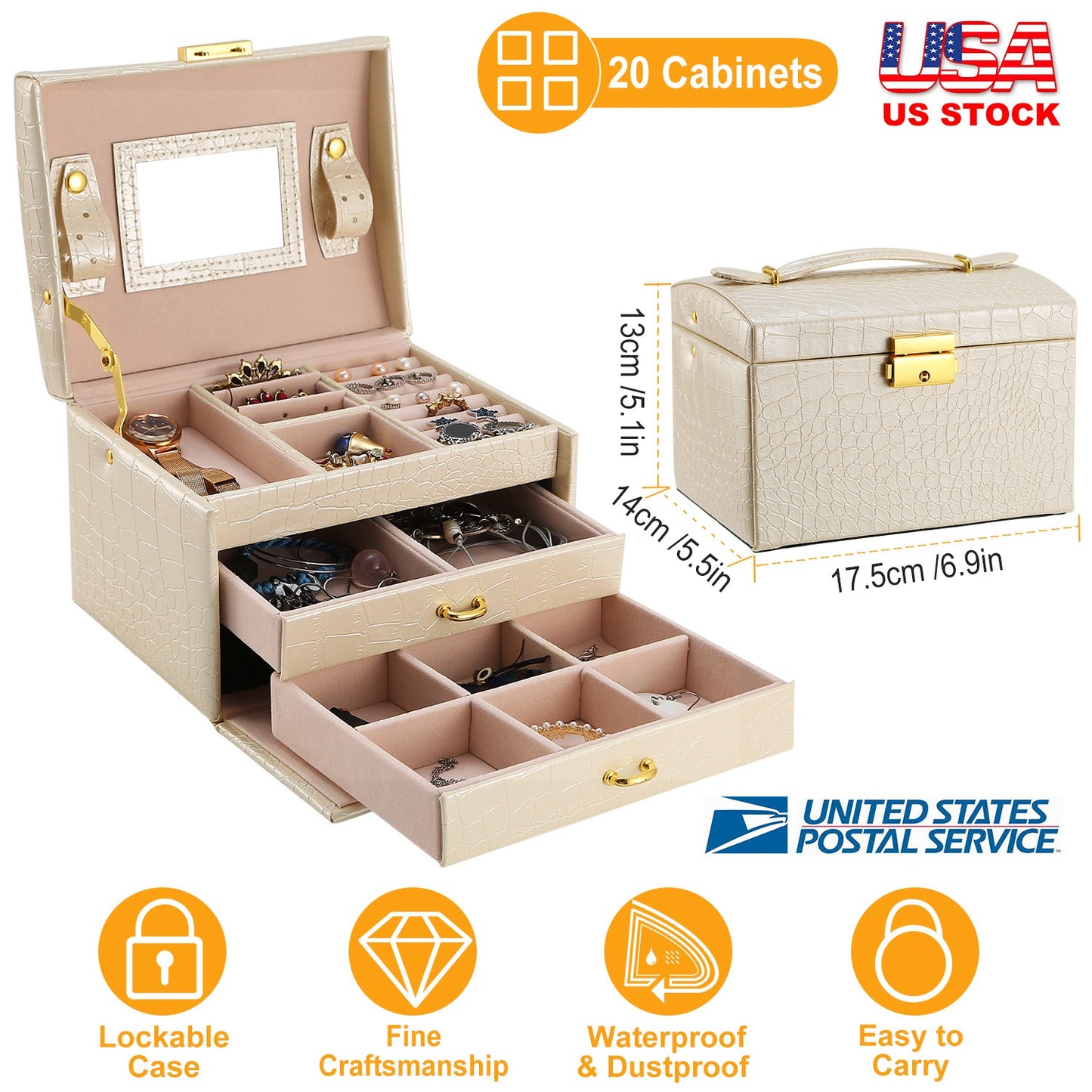 Jewelry Case Organizer 3-layer Lockable Travel Jewelry Box PU Leather Storage