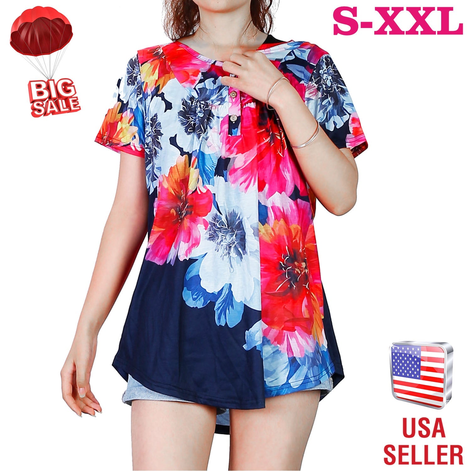 Women Summer Shirts Tops Loose Short Sleeve T Shirts Casual Floral Printed