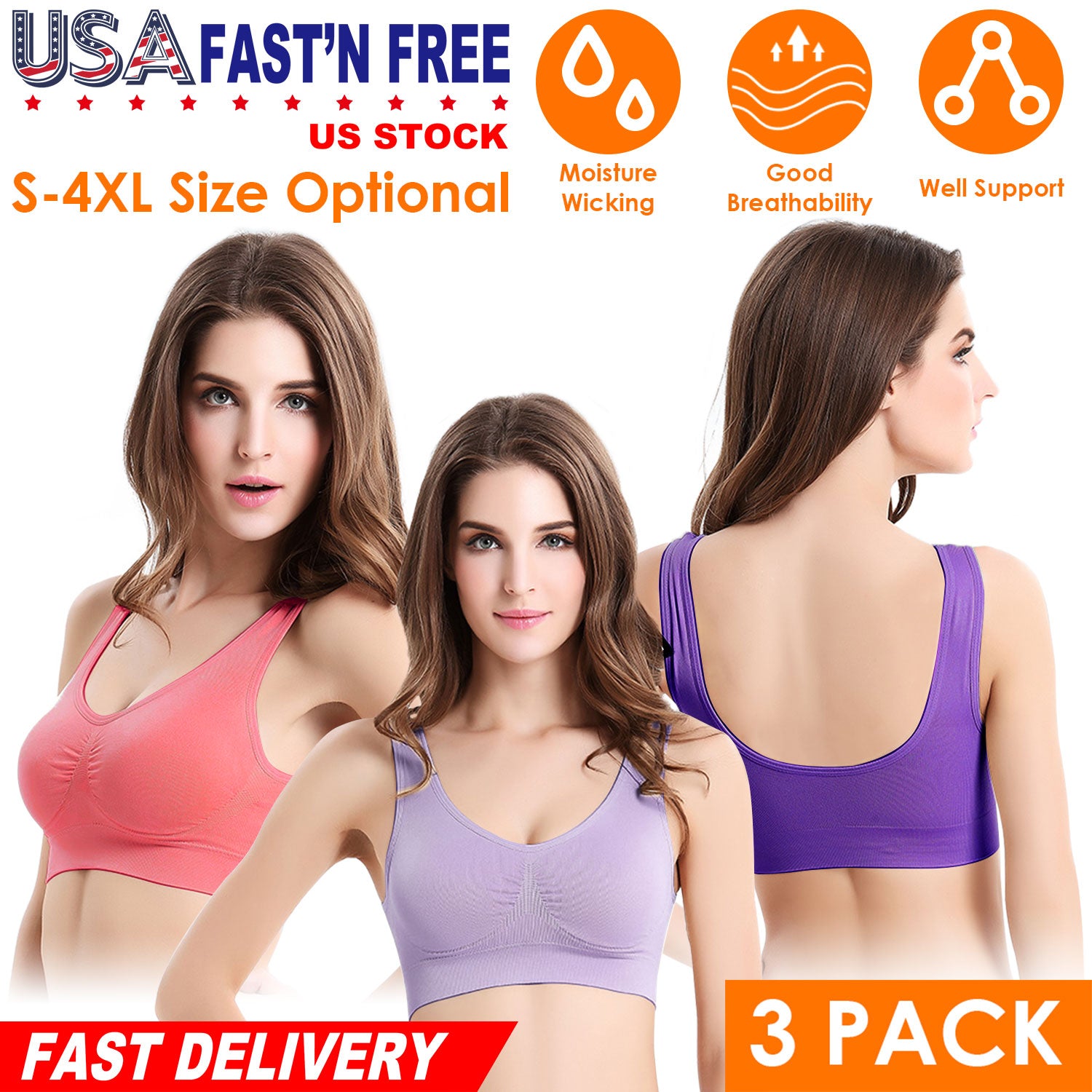 3 Pack Sport Bras For Women Seamless Wire-free Bra Light Support Tank Tops For