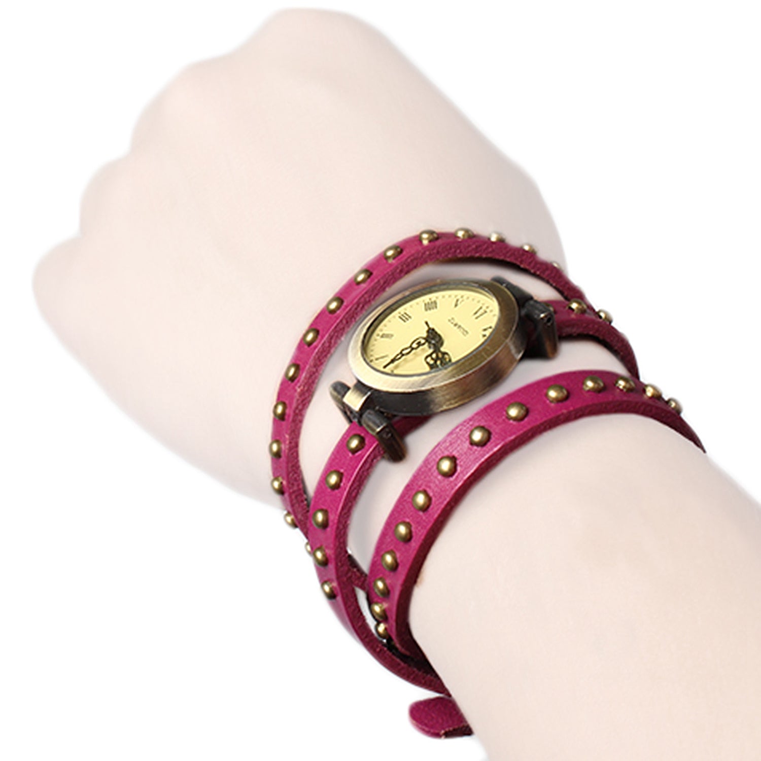 Fashionable Rivet Leather Belt Retro Watch Hand Chain-pink Apparel & Jewelry