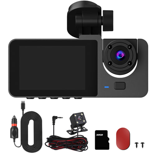 3 Channel Dash Cam Front Inside Rear Vehicle Driving Recorder Car DVR with 32G