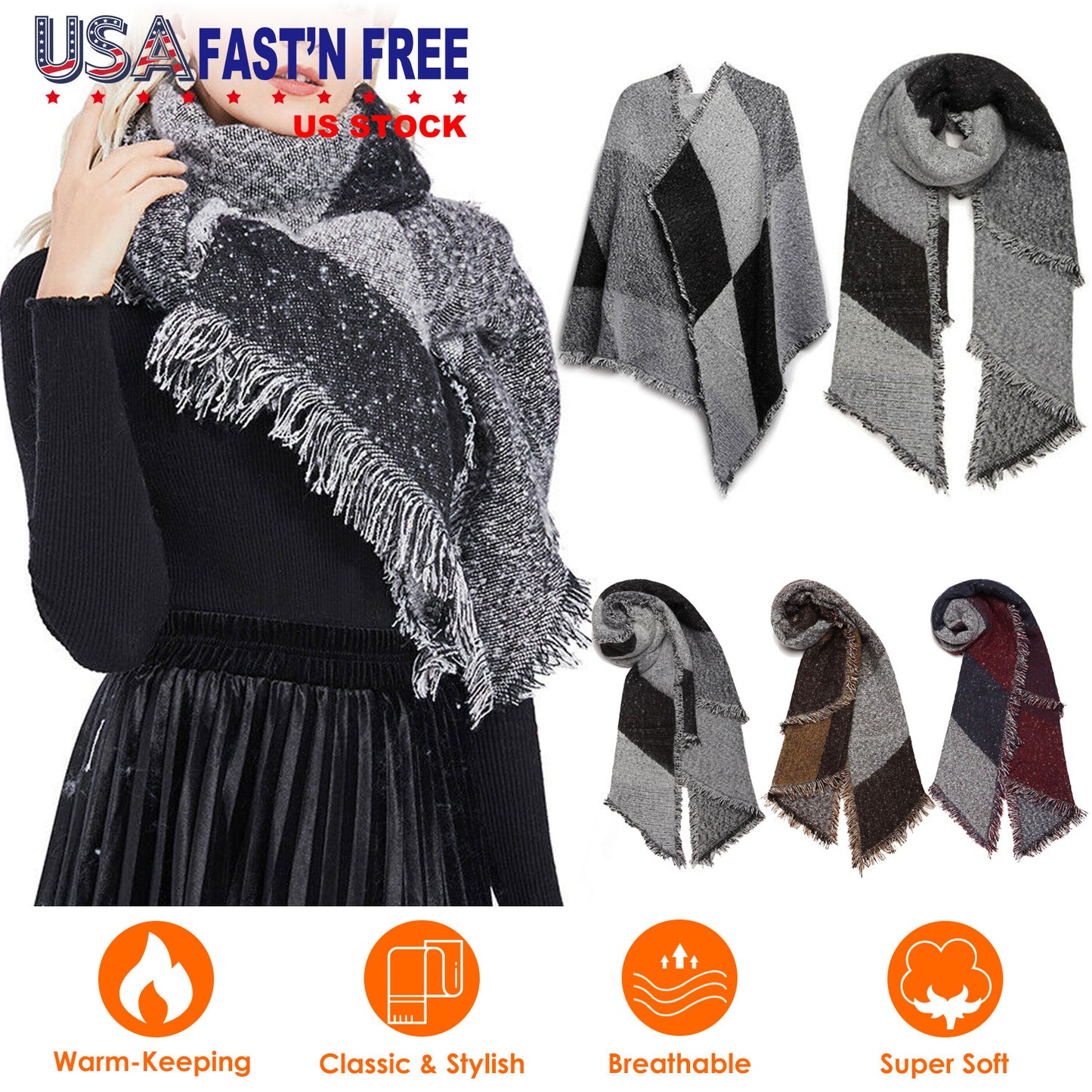 Women Winter Warm Scarf 74.8x25.6In Long Soft Knitted Shawl Extra Thick Plaid