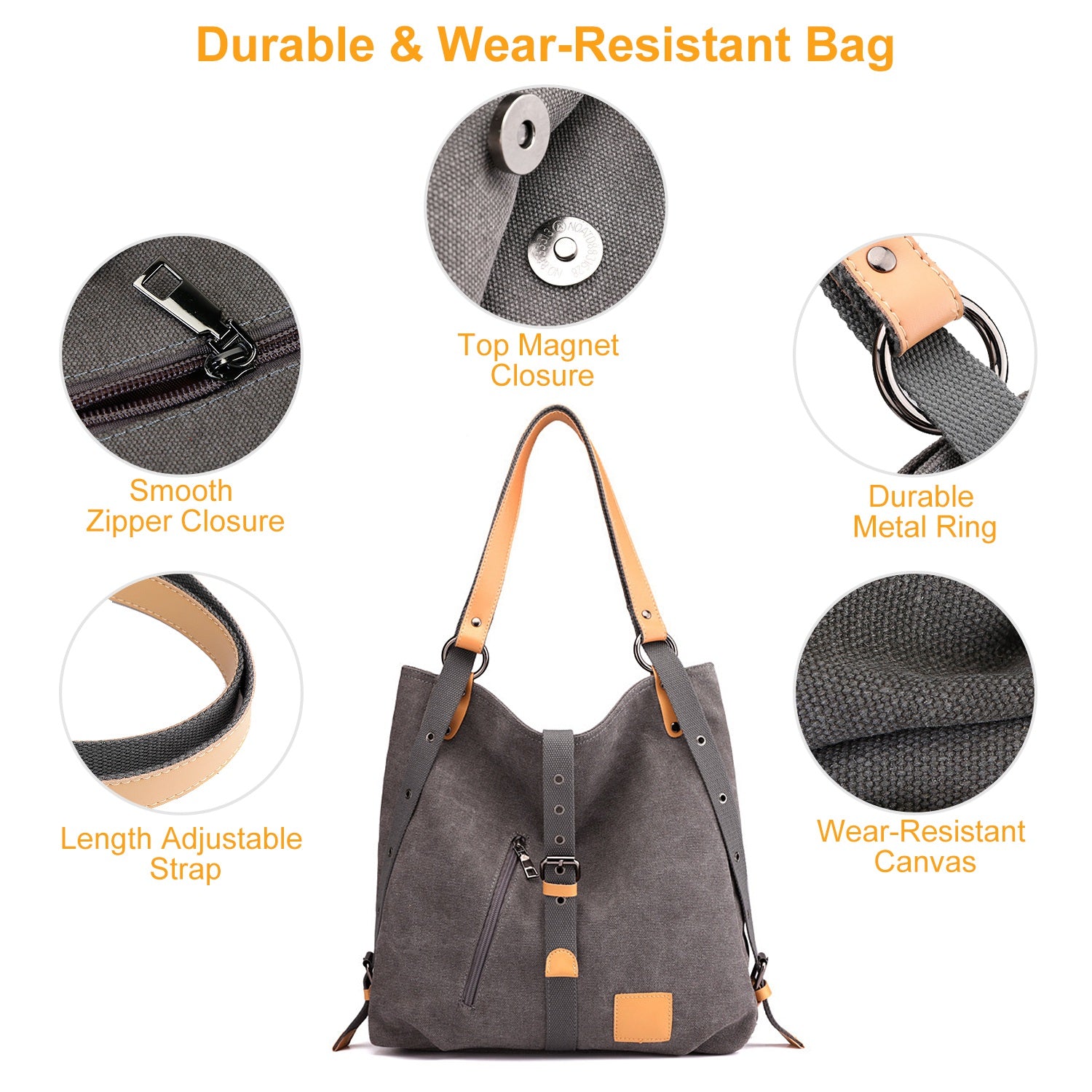 Ladies Canvas Tote Bag Multifunctional Purse Handbag Adjustable Shoulder