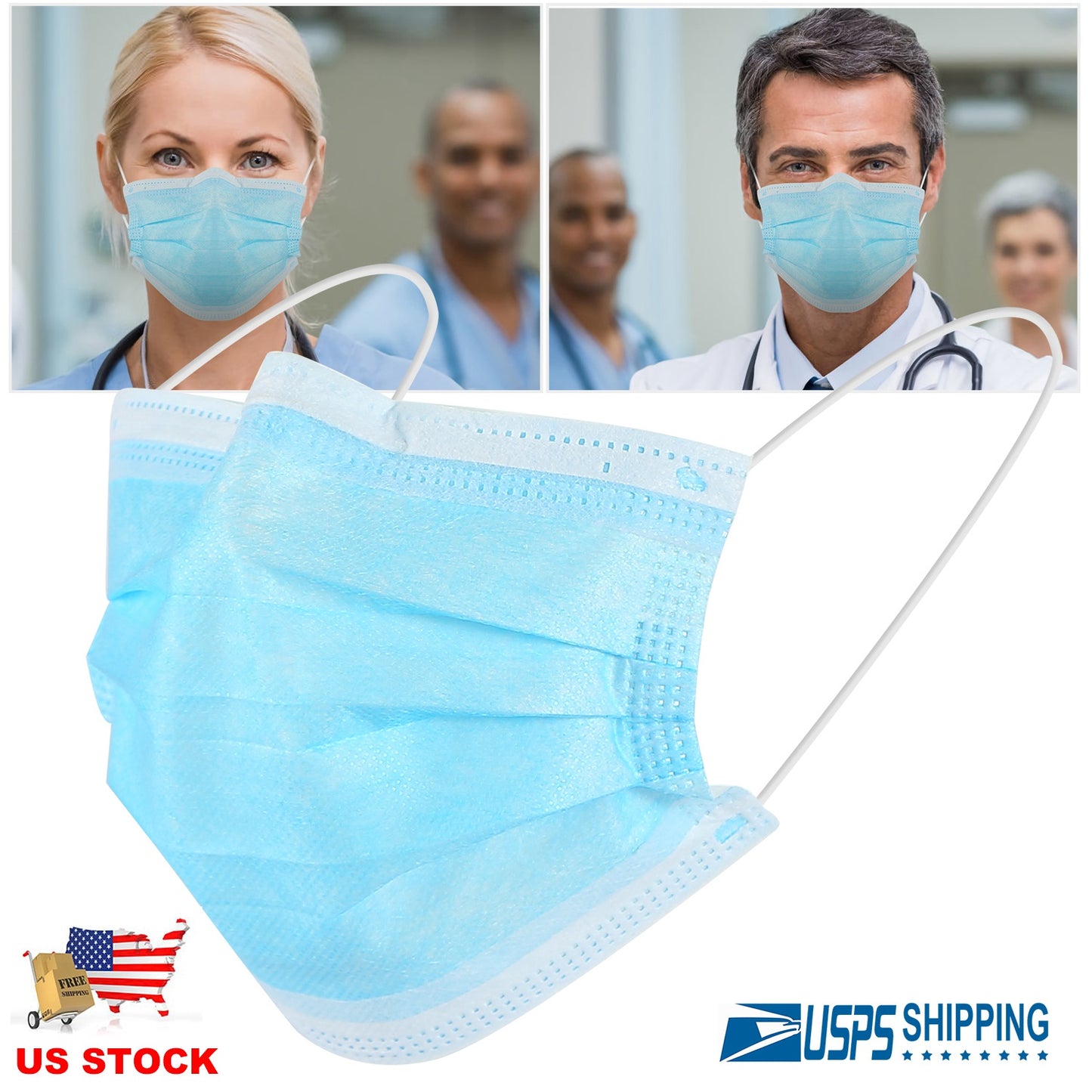 50Pcs 3-Layers Disposable Face Masks Elastic Earloop 95% Melt-Blown Filter