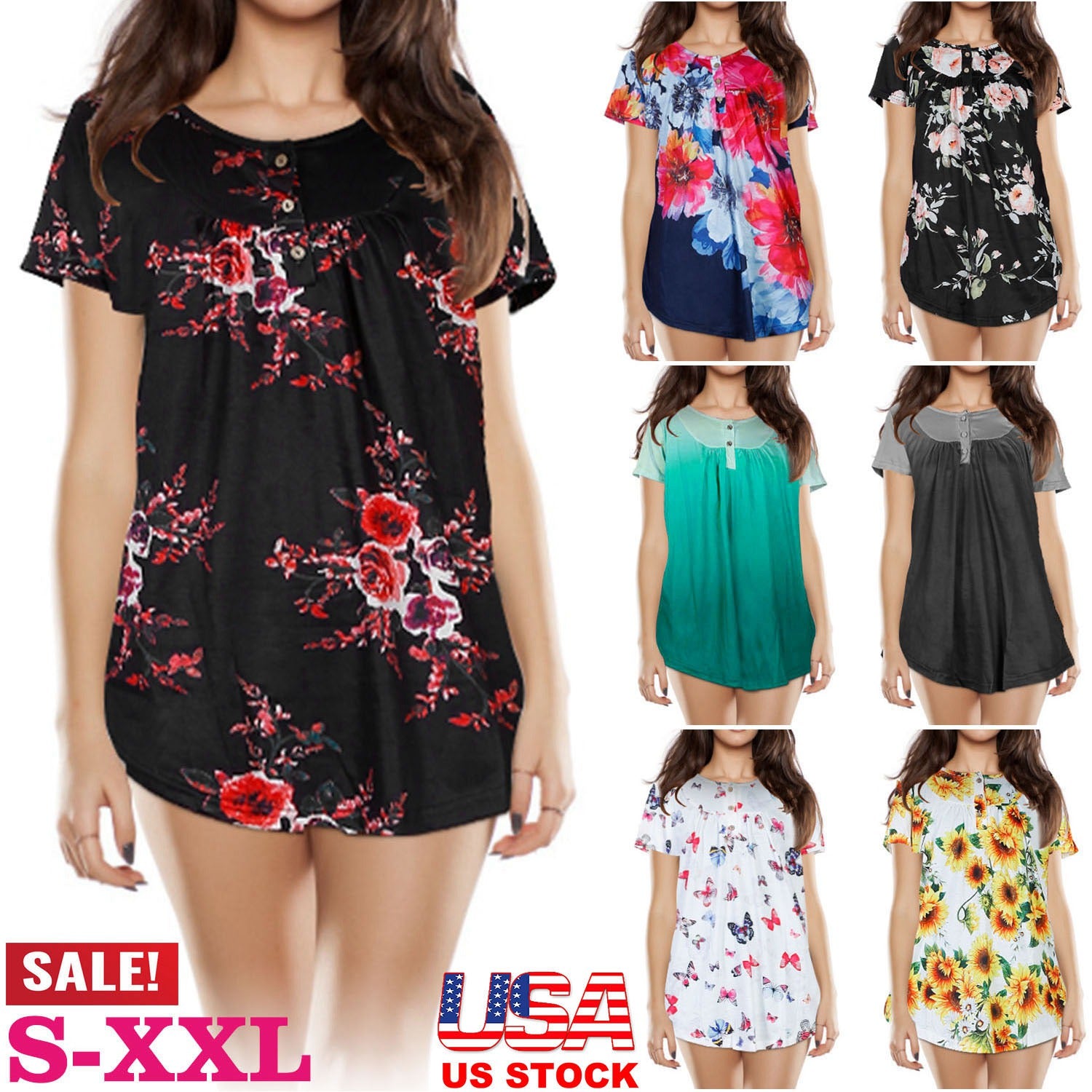 Women Summer Shirts Tops Loose Short Sleeve T Shirts Casual Floral Printed
