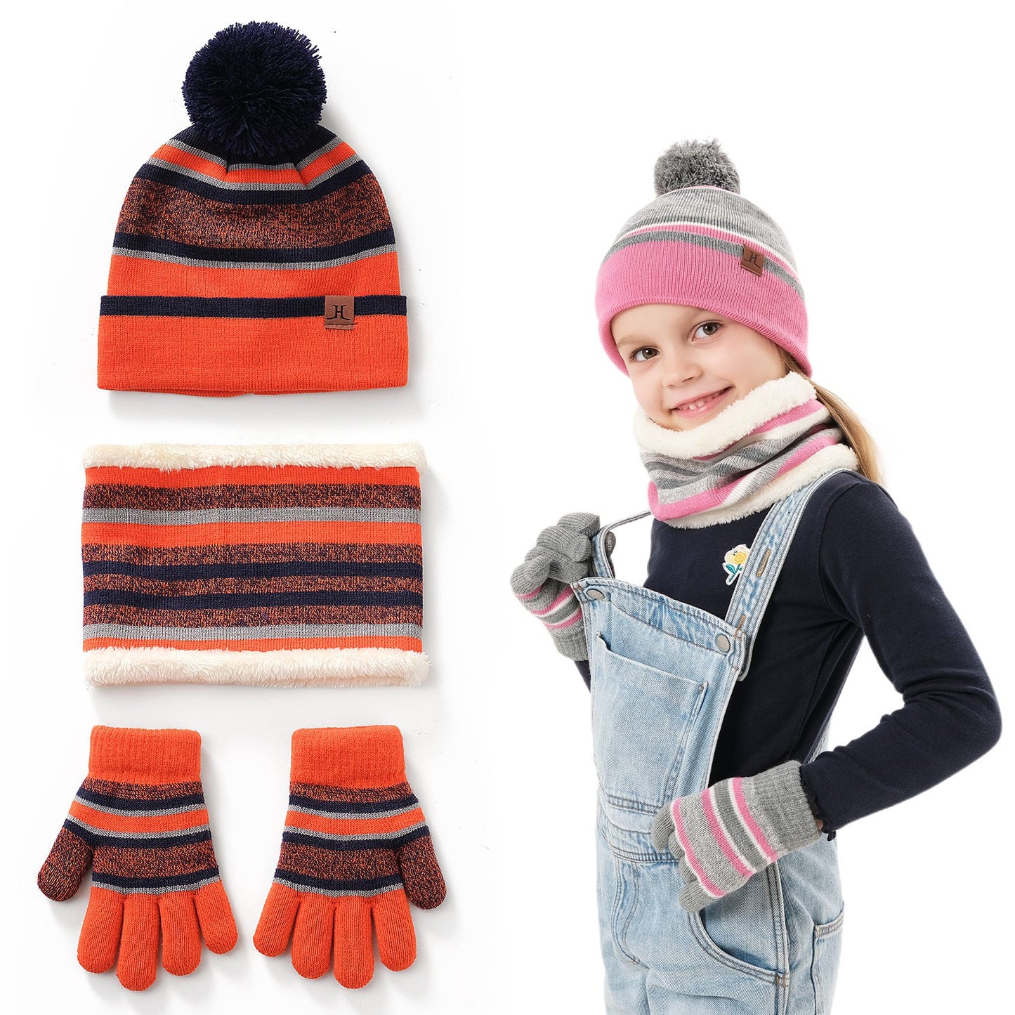 Winter Kids Knitted Hat Scarf Gloves 3Pcs Boys Girls Winter Warm Beanie Hat and