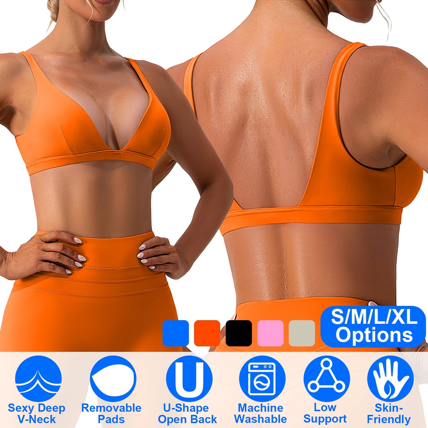 Women Deep V-Neck Sports Bras U-Shaped Back Sport Bras Padded Strappy Crop Open