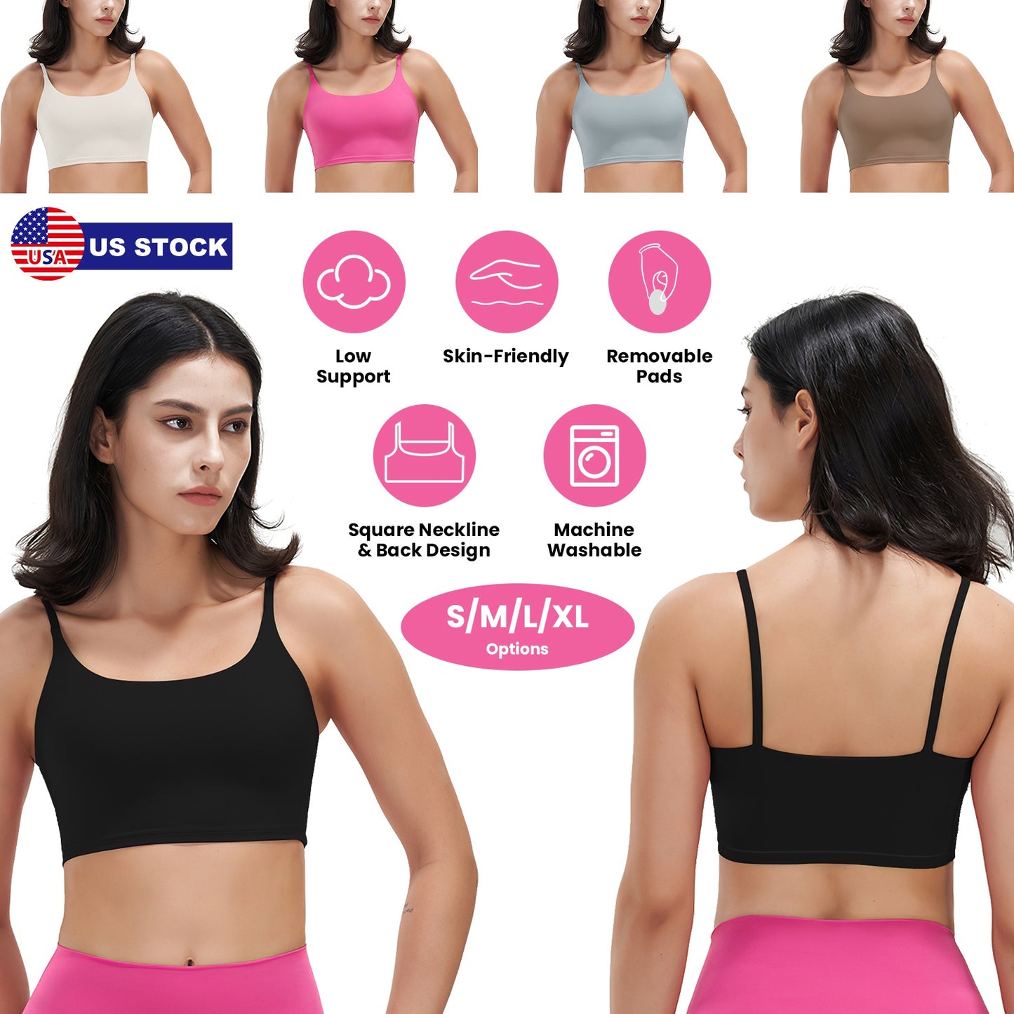 Women Strap Sport Bras Padded Strappy Crop Square Neck Low Impact Bras Sexy