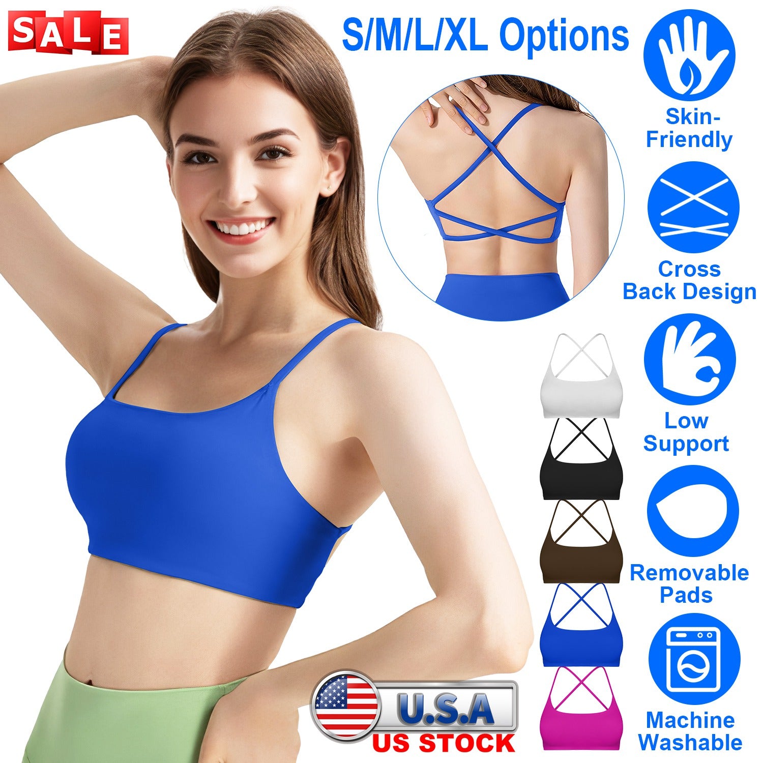 Women Cross Back Sport Bras Padded Strappy Crop Open Back Low Impact Bras Sexy