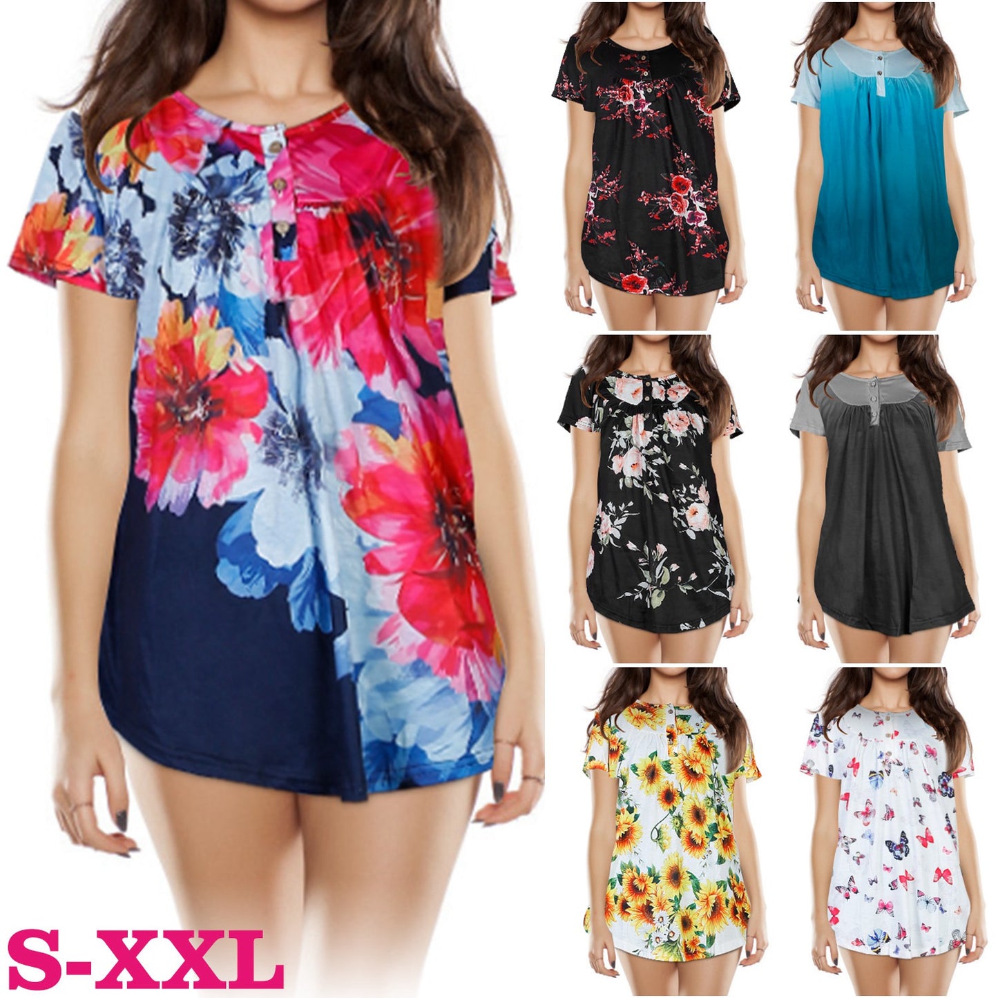 Women Summer Shirts Tops Loose Short Sleeve T Shirts Casual Floral Printed
