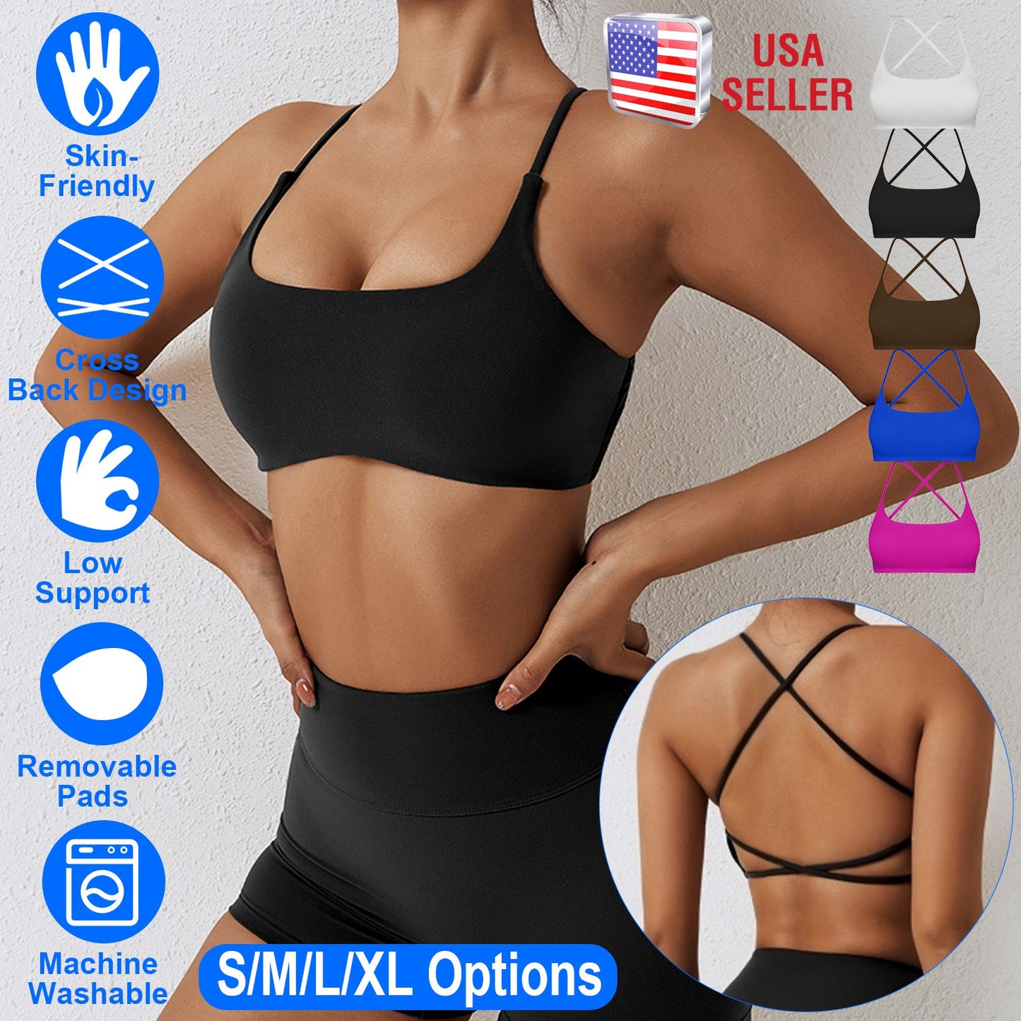 Women Cross Back Sport Bras Padded Strappy Crop Open Back Low Impact Bras Sexy