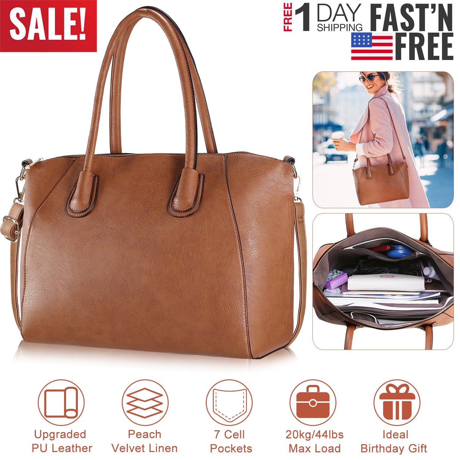 Women’s Soft Leather Handbag Tote Bags Large Shoulder Crossbody Bag 7 Cells