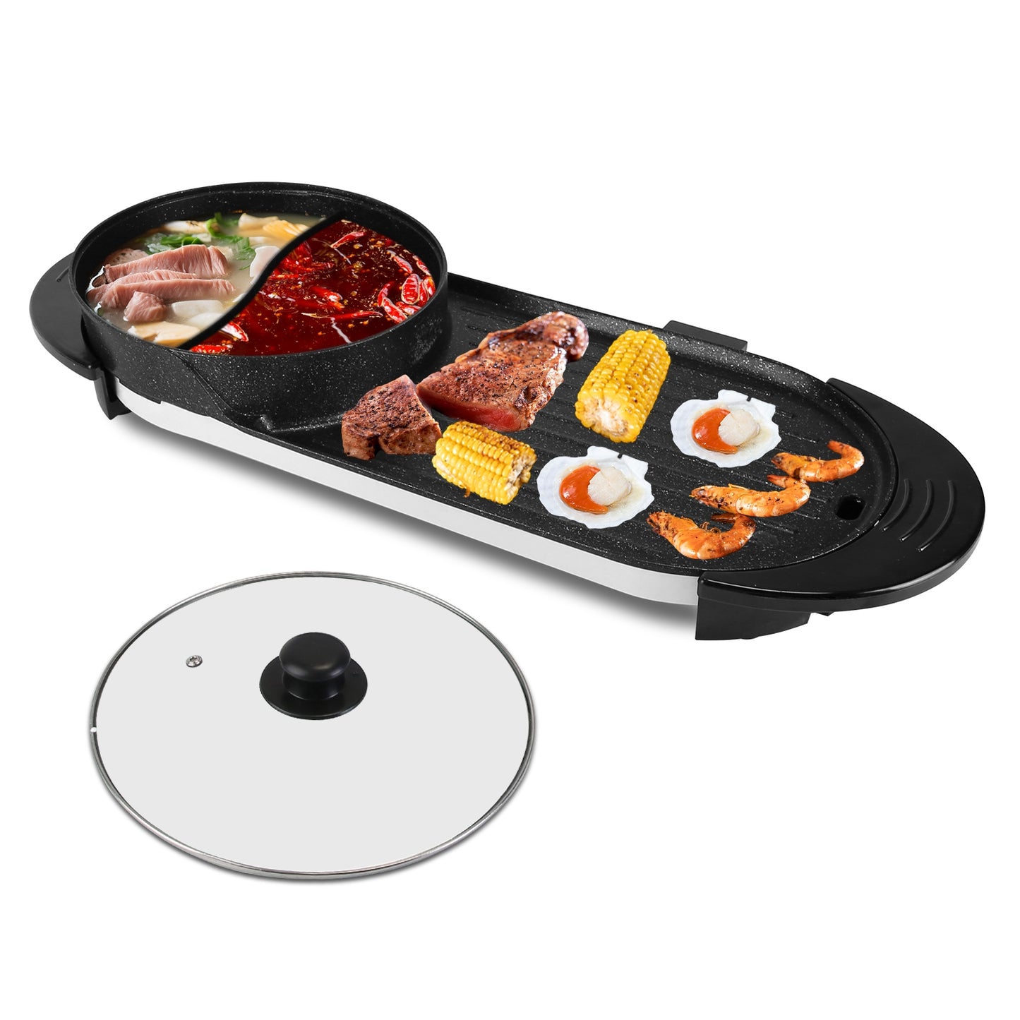 2 in 1 Electric Hot Pot with BBQ Grill Cooker 2200W Smokeless Non-Stick Korean