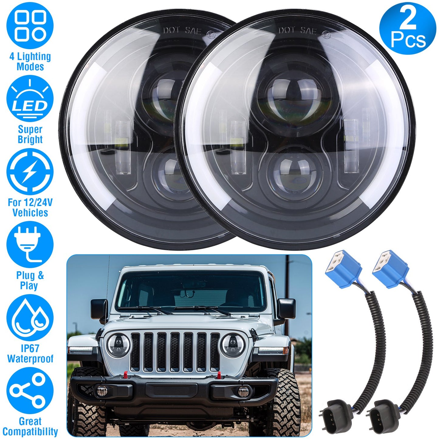 2Pcs 7In 40W Round LED Headlights 3800LM Halo Car Headlamp with DRL Turn Light