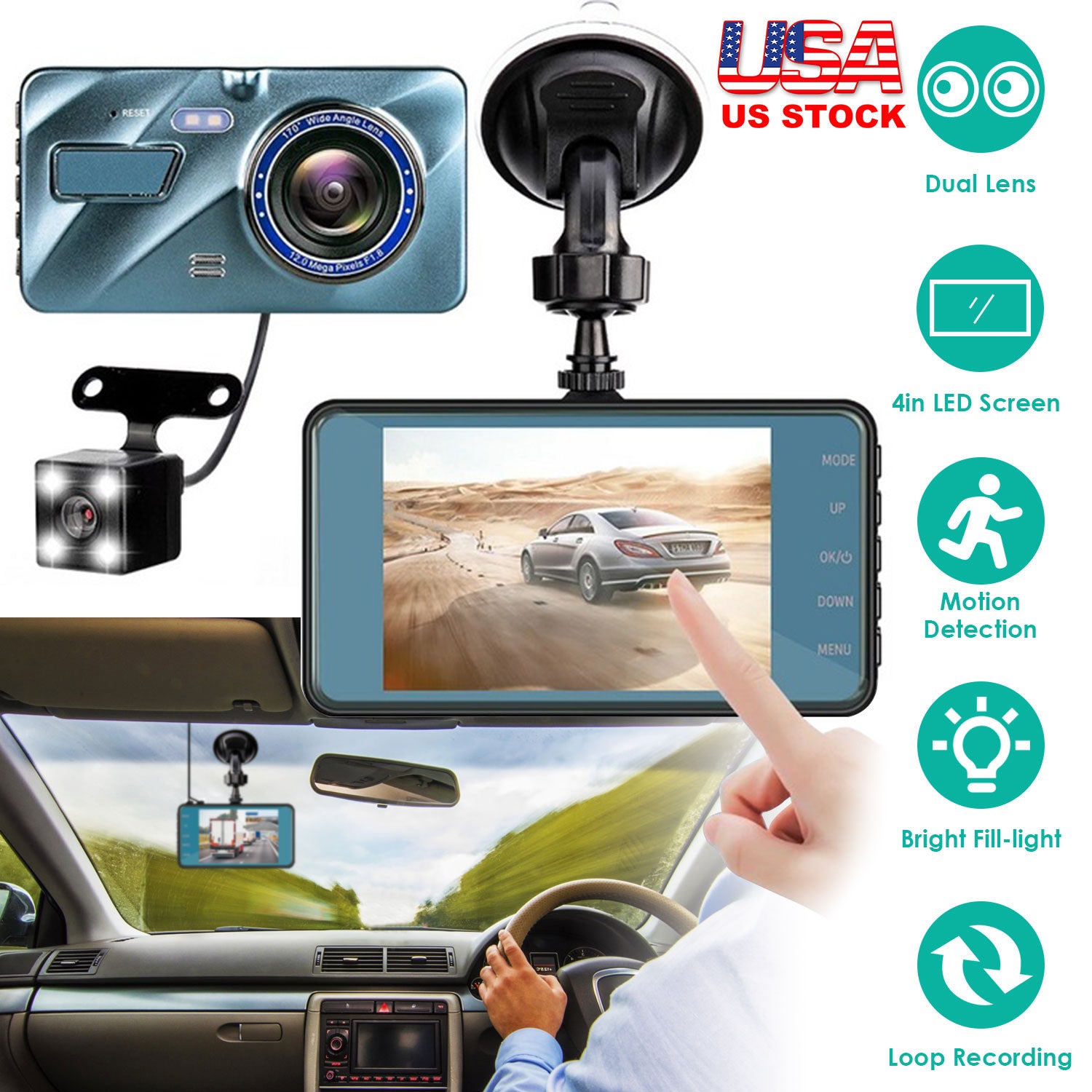 720P Dual Dash Cam Car Camera Recorder Looping Recording Car DVR Driving
