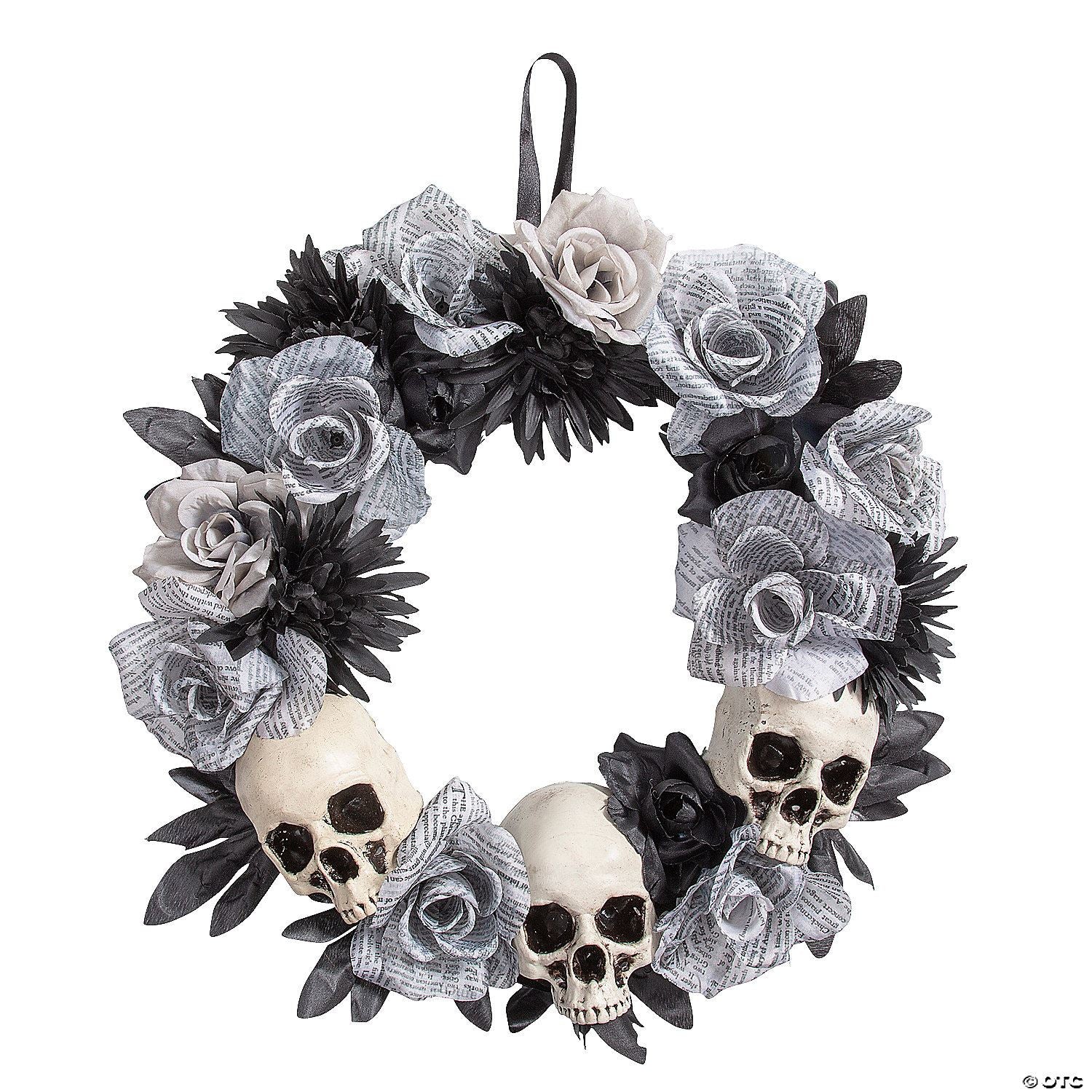 17 1/2" x 17 1/2" White Roses Wreath with Skulls Halloween Decoration