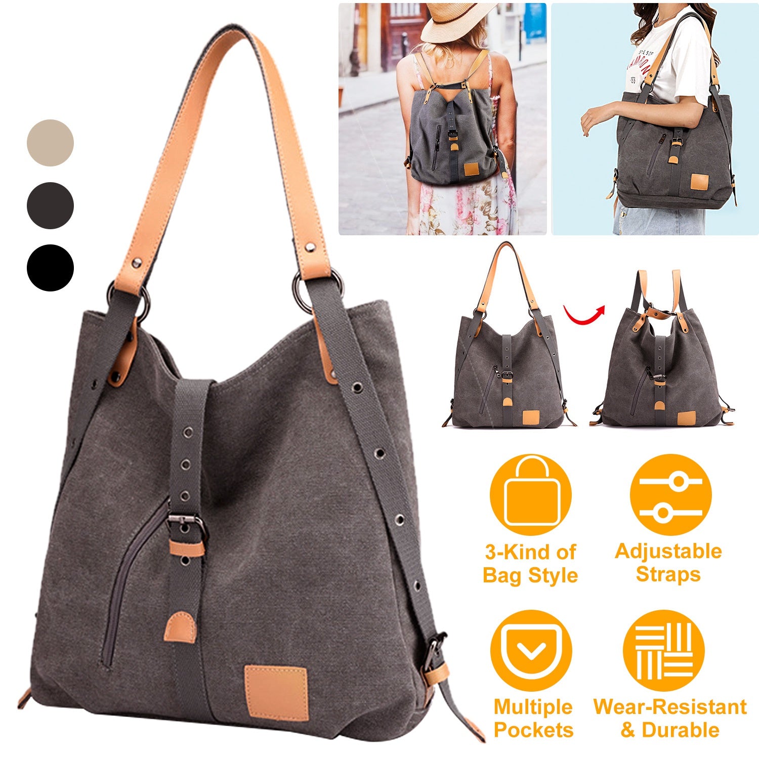 Ladies Canvas Tote Bag Multifunctional Purse Handbag Adjustable Shoulder