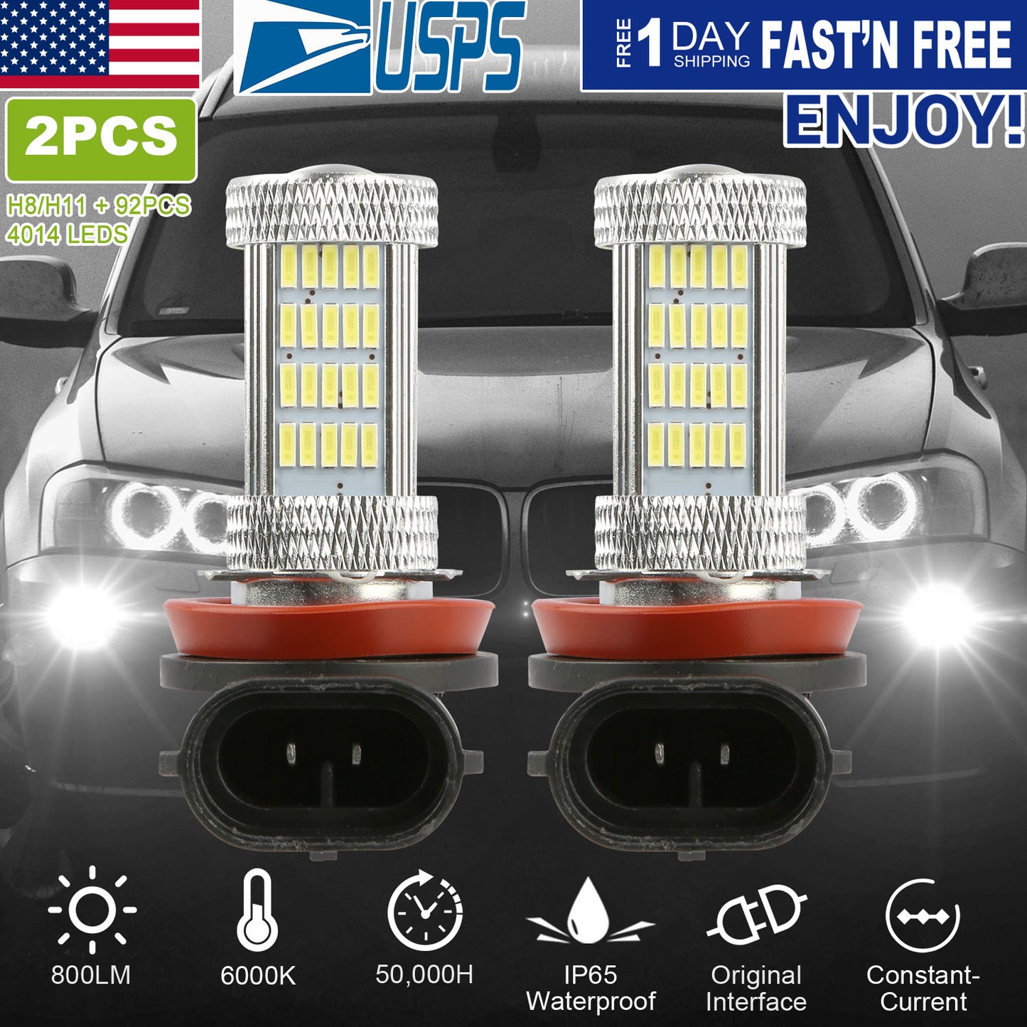 2PCS 800lm H8/H9/ H11 LED Fog DRL Light Bulb IP65 Water-Resistant 360° Beam