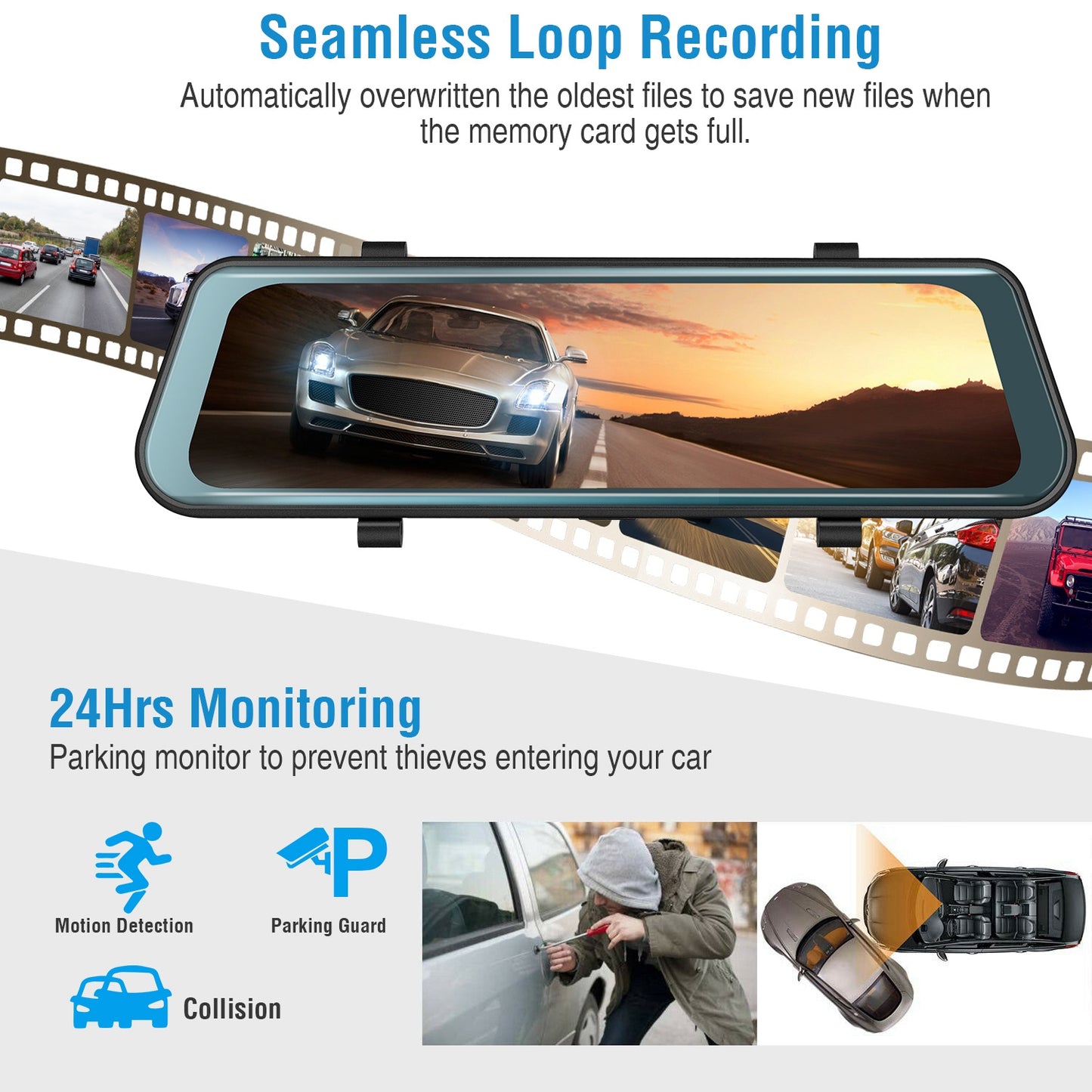 FHD 1080P Car DVR Dash Camera 9.66In Vehicle Driving Recorder w/ G Sensor