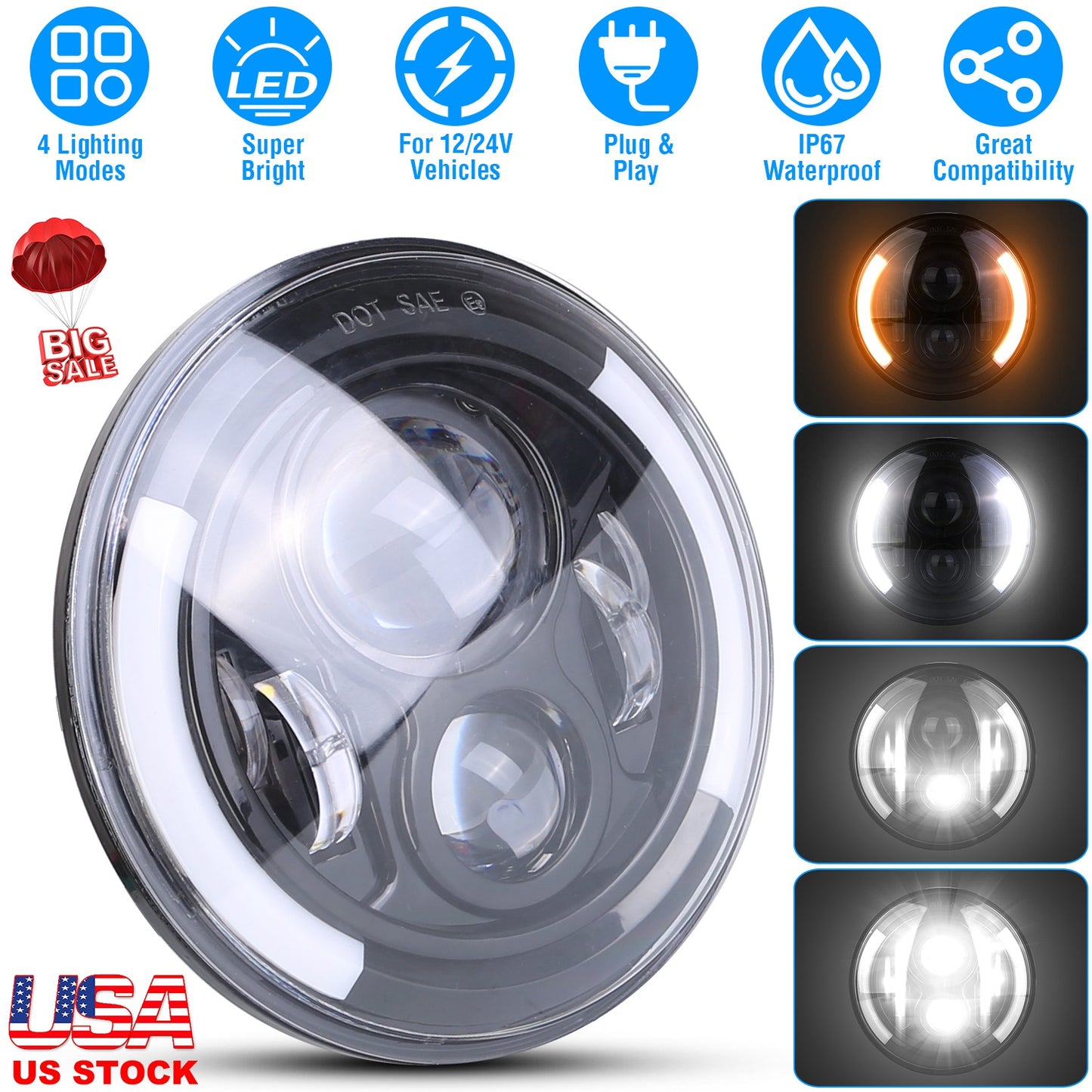 7In 40W Round LED Headlight 3800LM Halo Car Headlamp with DRL Turn Light High
