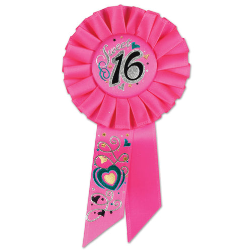 Beistle Sweet Sixteen Rosette Ribbon - Party Supply Decoration for Sweet 16