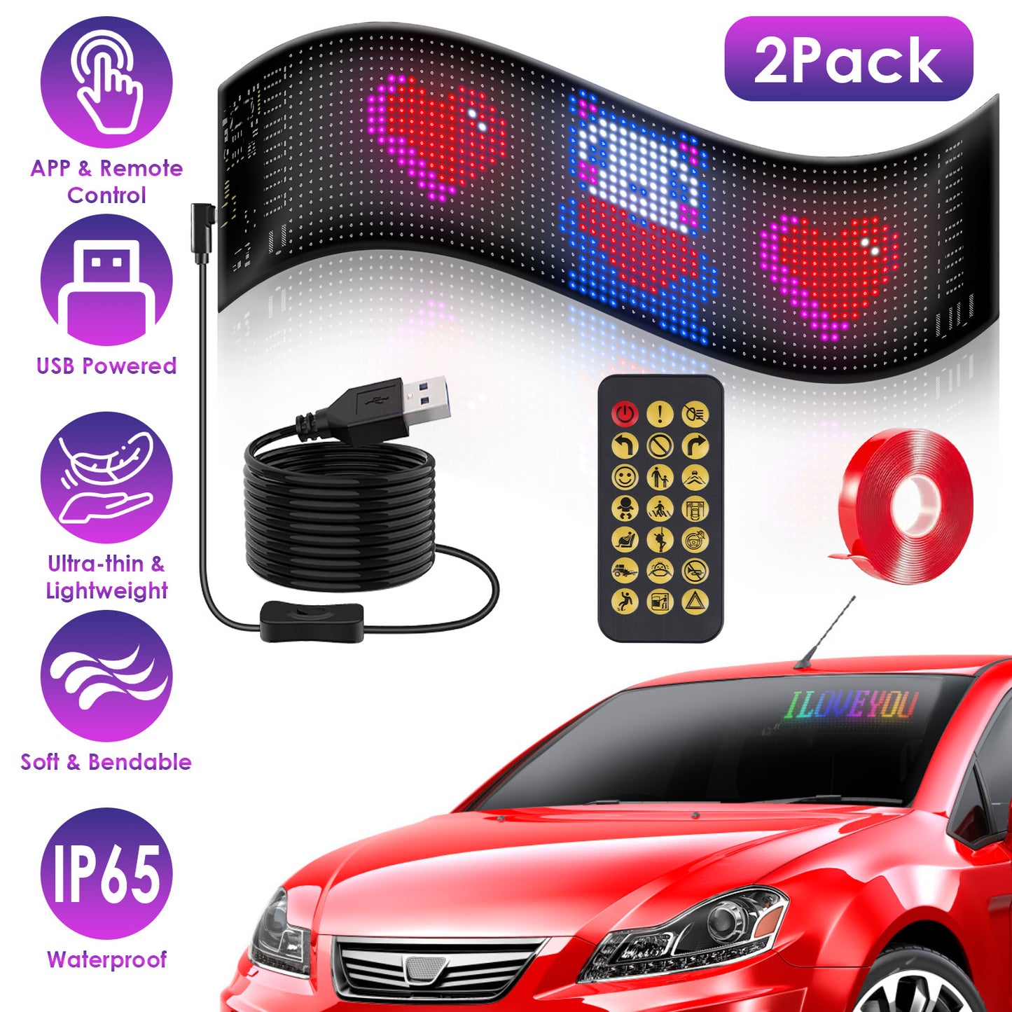 2Pack 20x64 Matrix Devil Eyes Lights For Car Ultra-thin Programmable LED Car