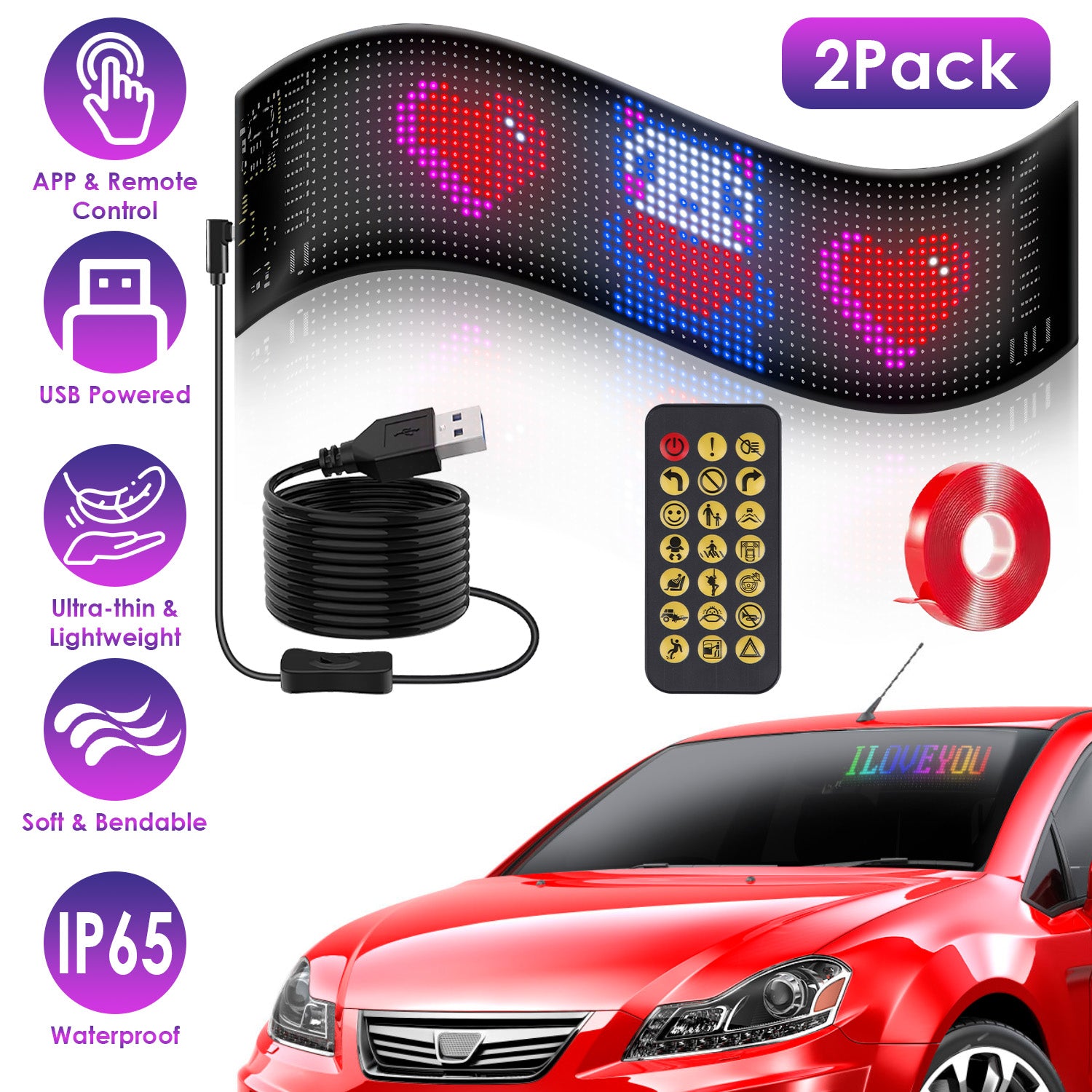 2Pack 20x64 Matrix Devil Eyes Lights For Car Ultra-thin Programmable LED Car
