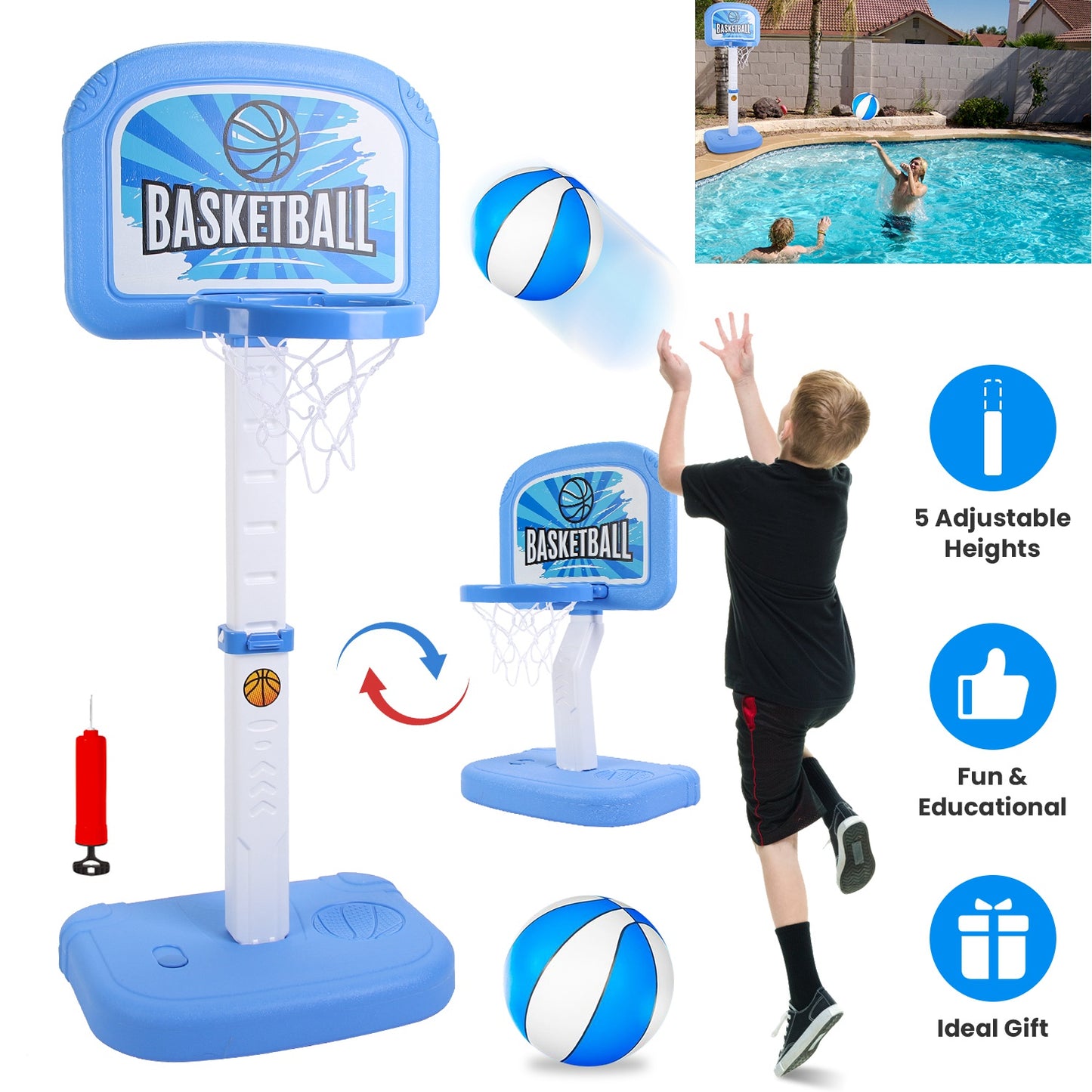 2 In 1 Poolside Basketball Game Set Pool Basketball Goal Indoor Outdoor Kids