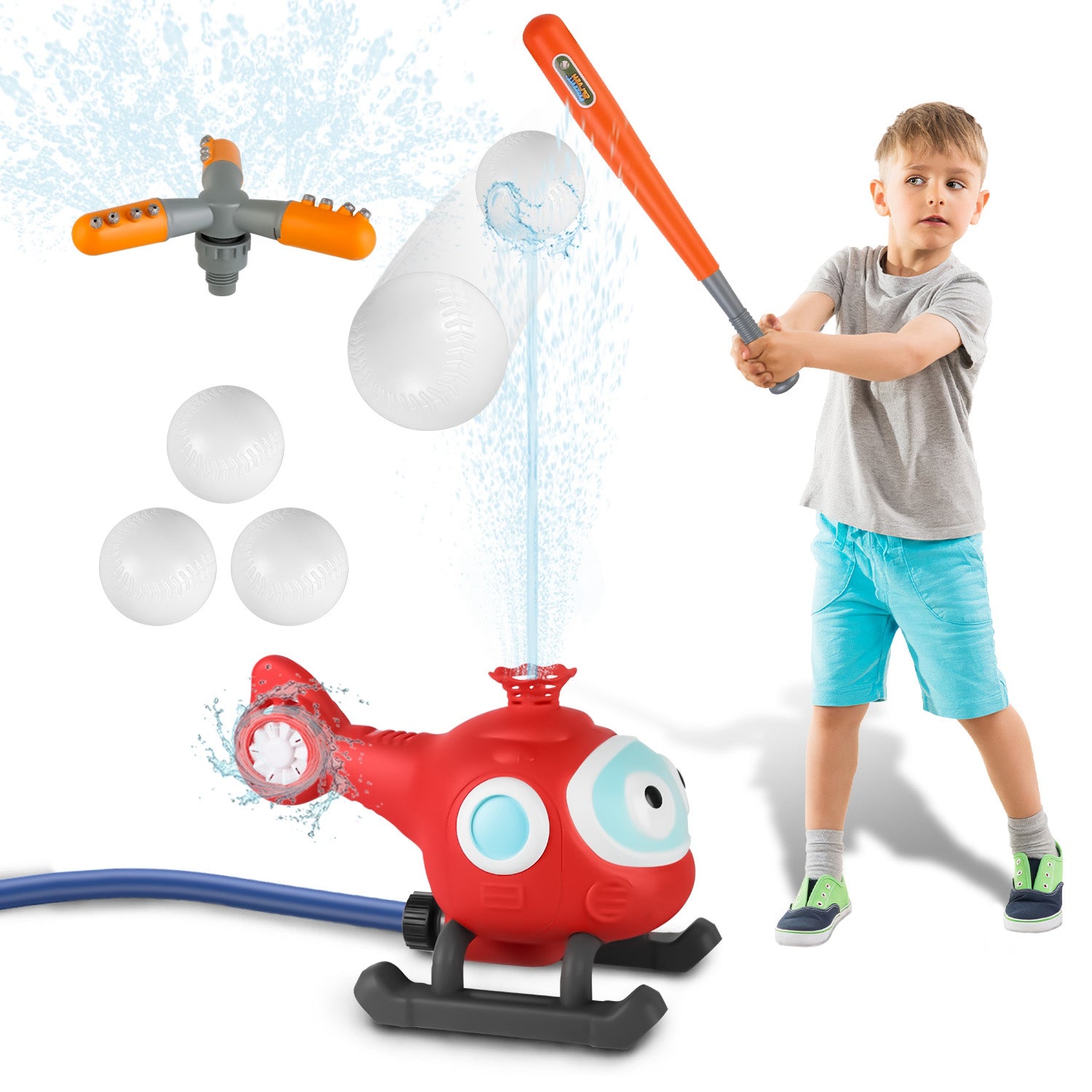 2 In 1 Water Sprinkler Baseball Helicopter Toy for Kids 360°Rotating Water Tee