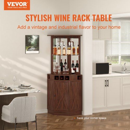 Corner Industrial Bar Cabinet Wine Table for Liquor & Glasses Sideboard Buff