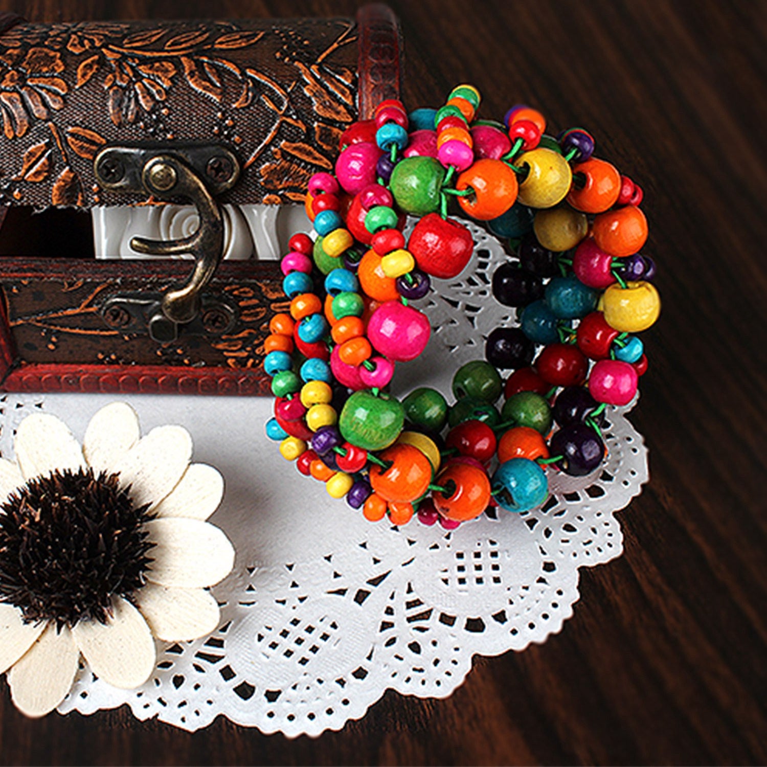 Multi-Color Wooden Beaded Stretchy Bracelet Colorful Exotic Style Elastic