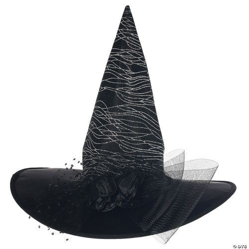 Adults Deluxe Black Witch Hat With Silver Glitter & Tulle