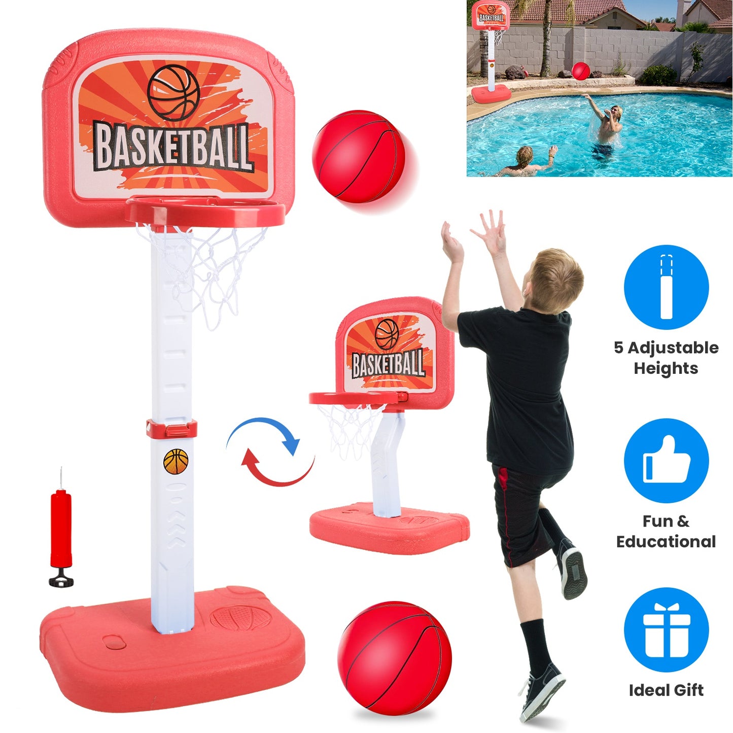 2 In 1 Poolside Basketball Game Set Pool Basketball Goal Indoor Outdoor Kid 9378