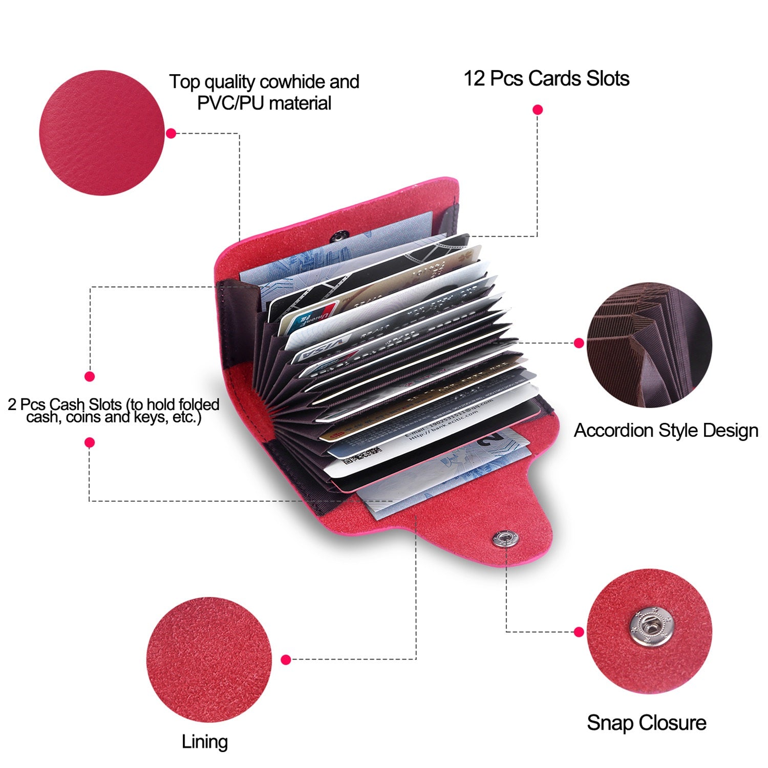 Credit Card Holder Wallet PU Leather Snap Closure Purse Accordion Case with 12