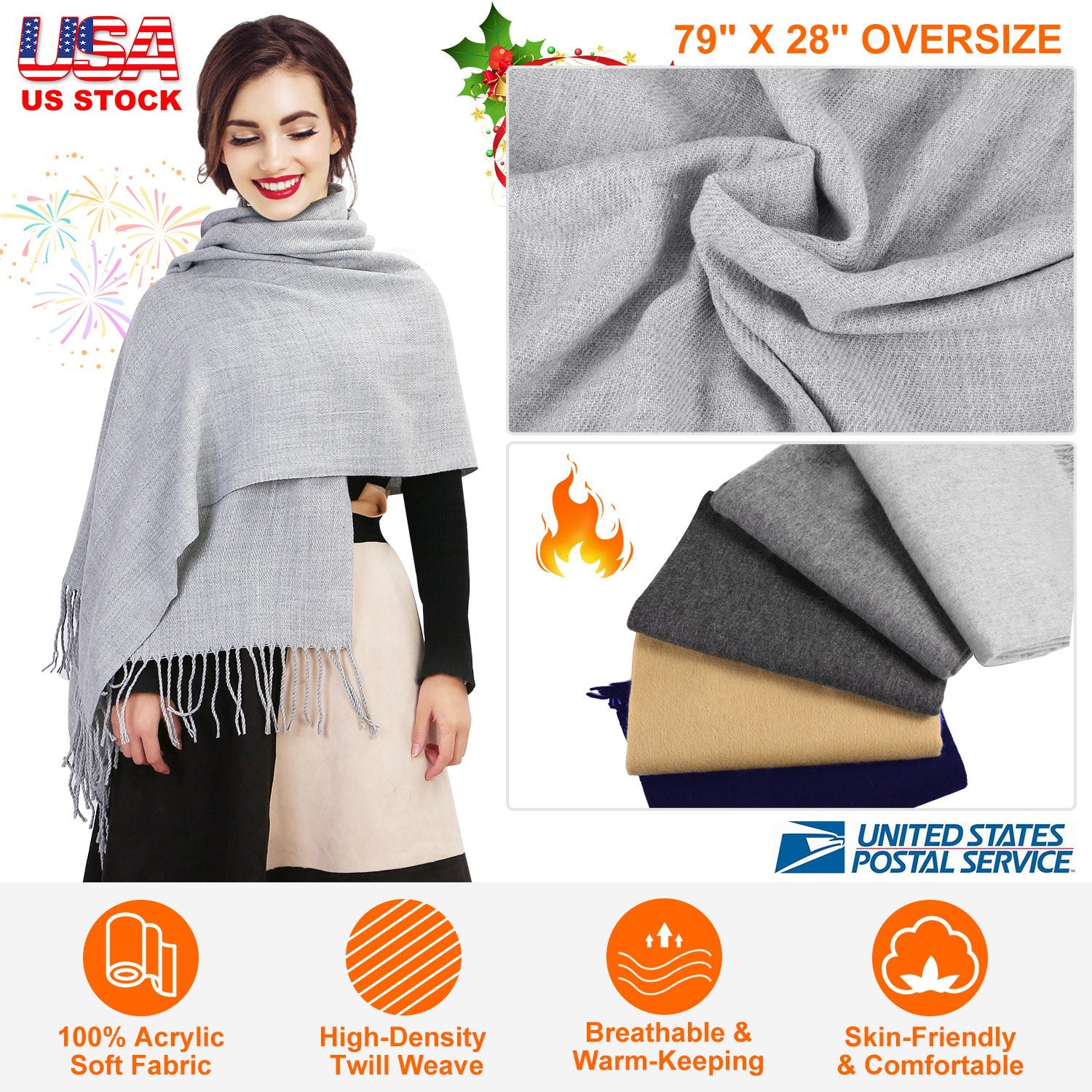 Mens Womens Oversize Cashmere Wool Shawl Wraps Blanket Winter Solid Scarf Soft