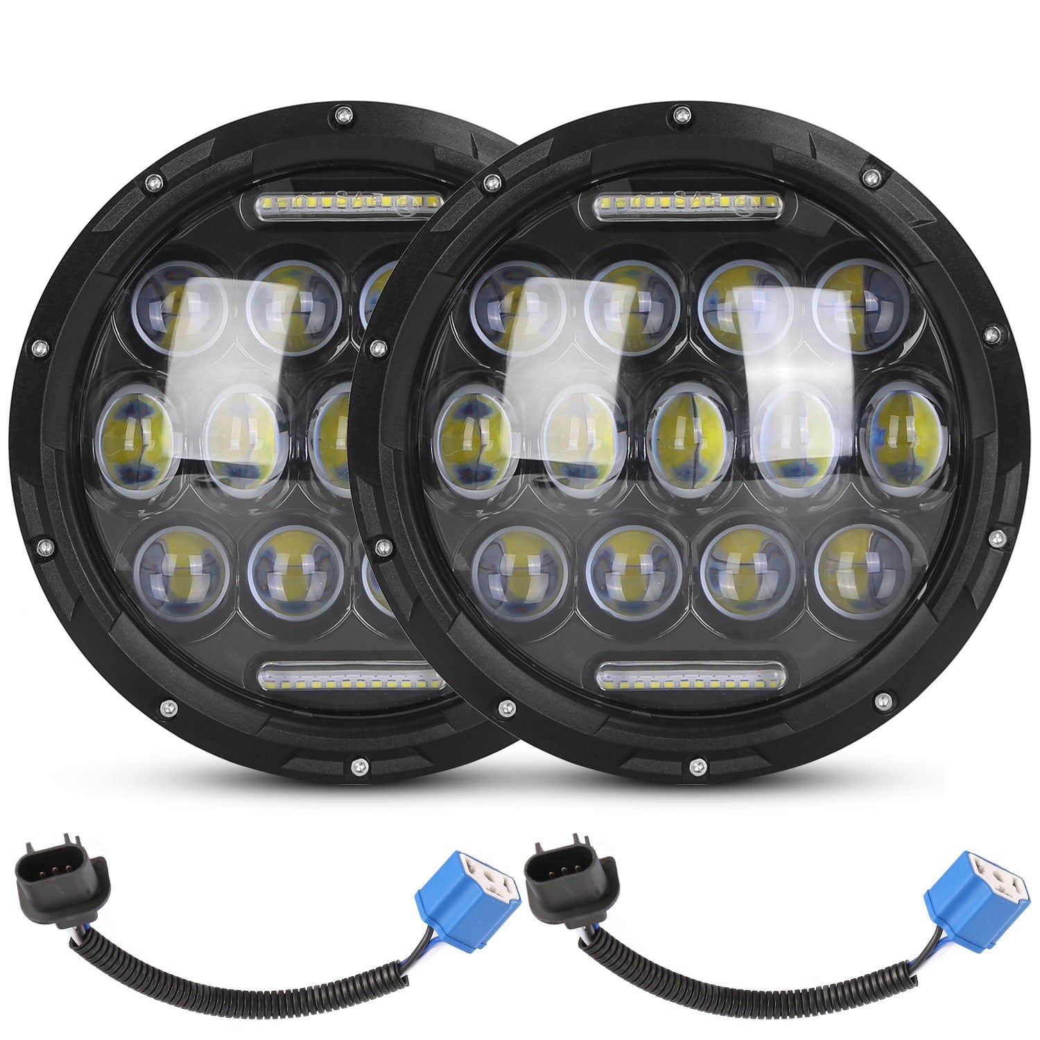 2Pcs 7In 75W Round LED Headlight 3500LM Halo Car Headlamp with DRL High Low