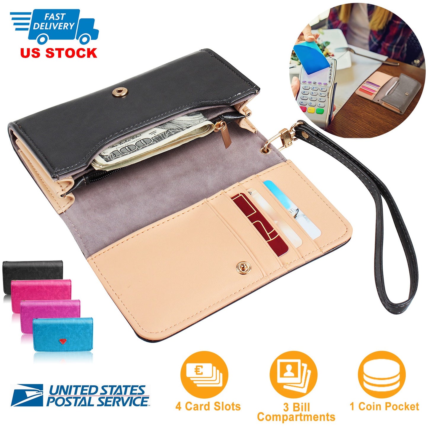 Women Wristlet Wallet PU Leather Lady Purse Credit Card Holder 4 Card Slots 3