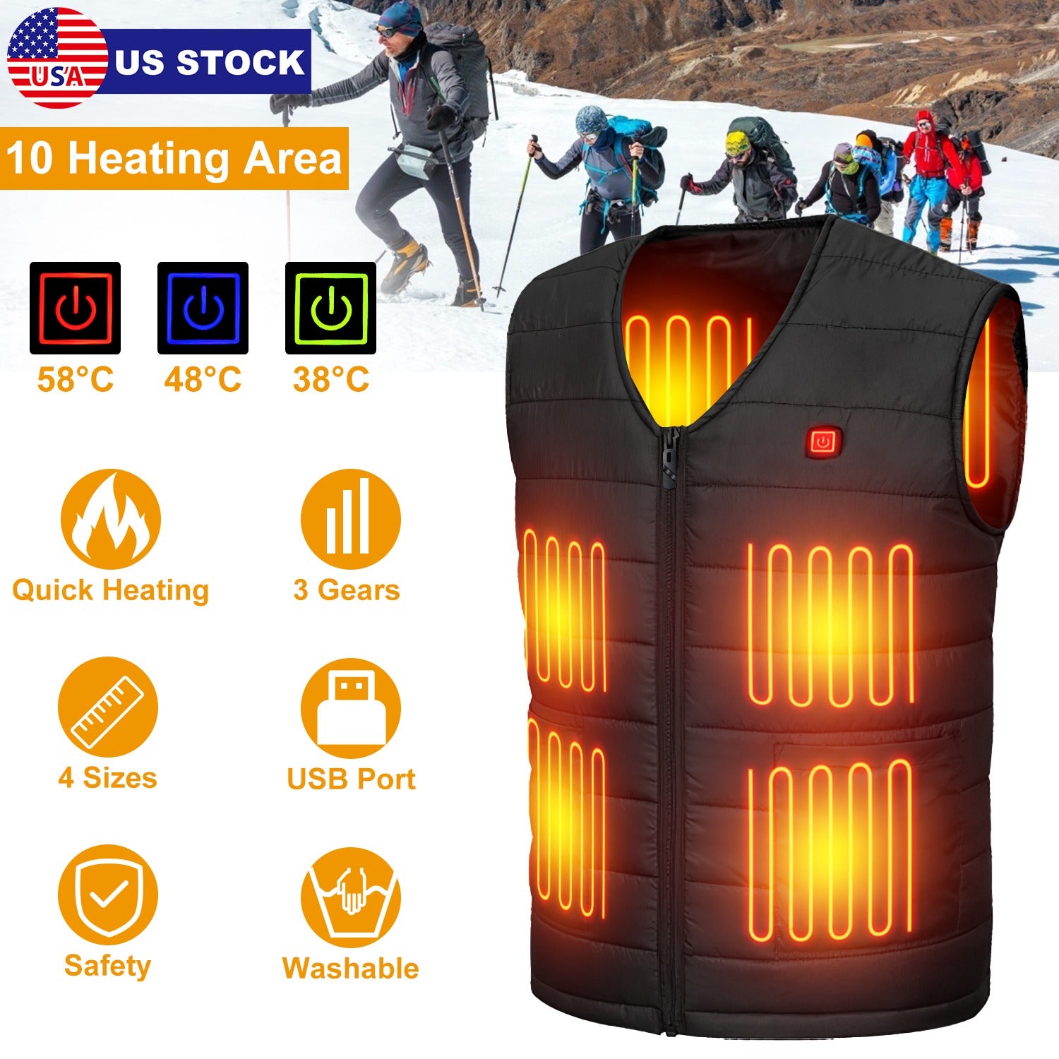 Heat Jacket Vest 3 Heating Gear Adjustable USB Heated Vest Warm Heat Coat Vest