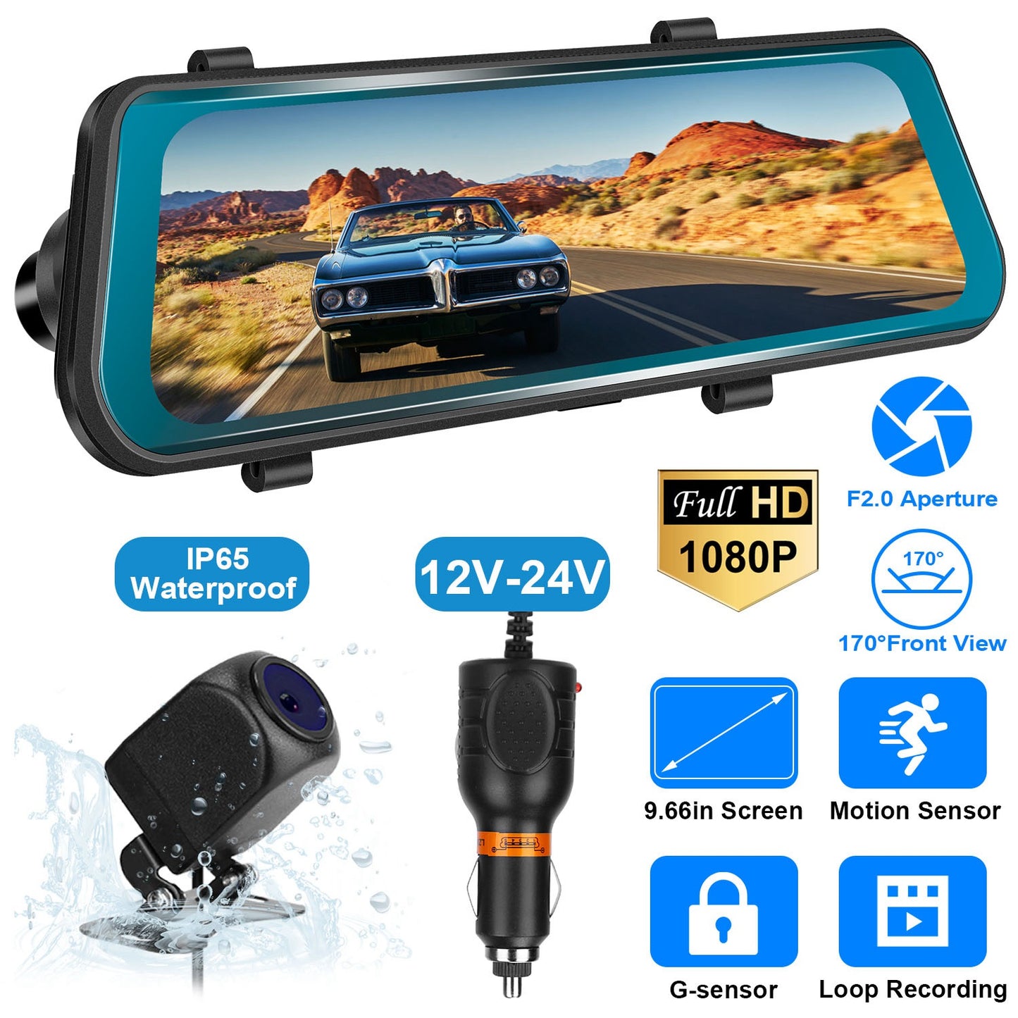 FHD 1080P Car DVR Dash Camera 9.66In Vehicle Driving Recorder w/ G Sensor