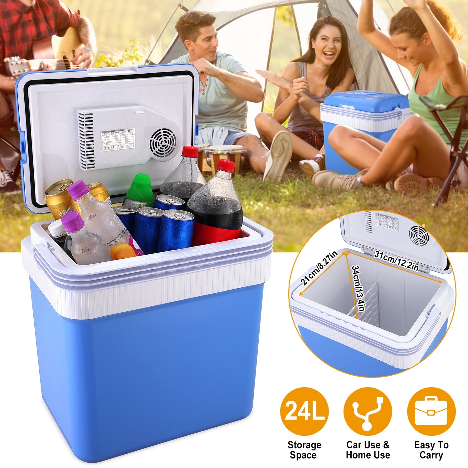 24L Portable Car Cooler 12V Car Refrigerator Travel Cooling Warmer Fridge Box
