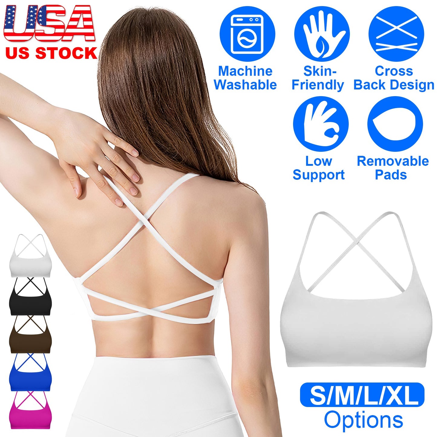 Women Cross Back Sport Bras Padded Strappy Crop Open Back Low Impact Bras Sexy