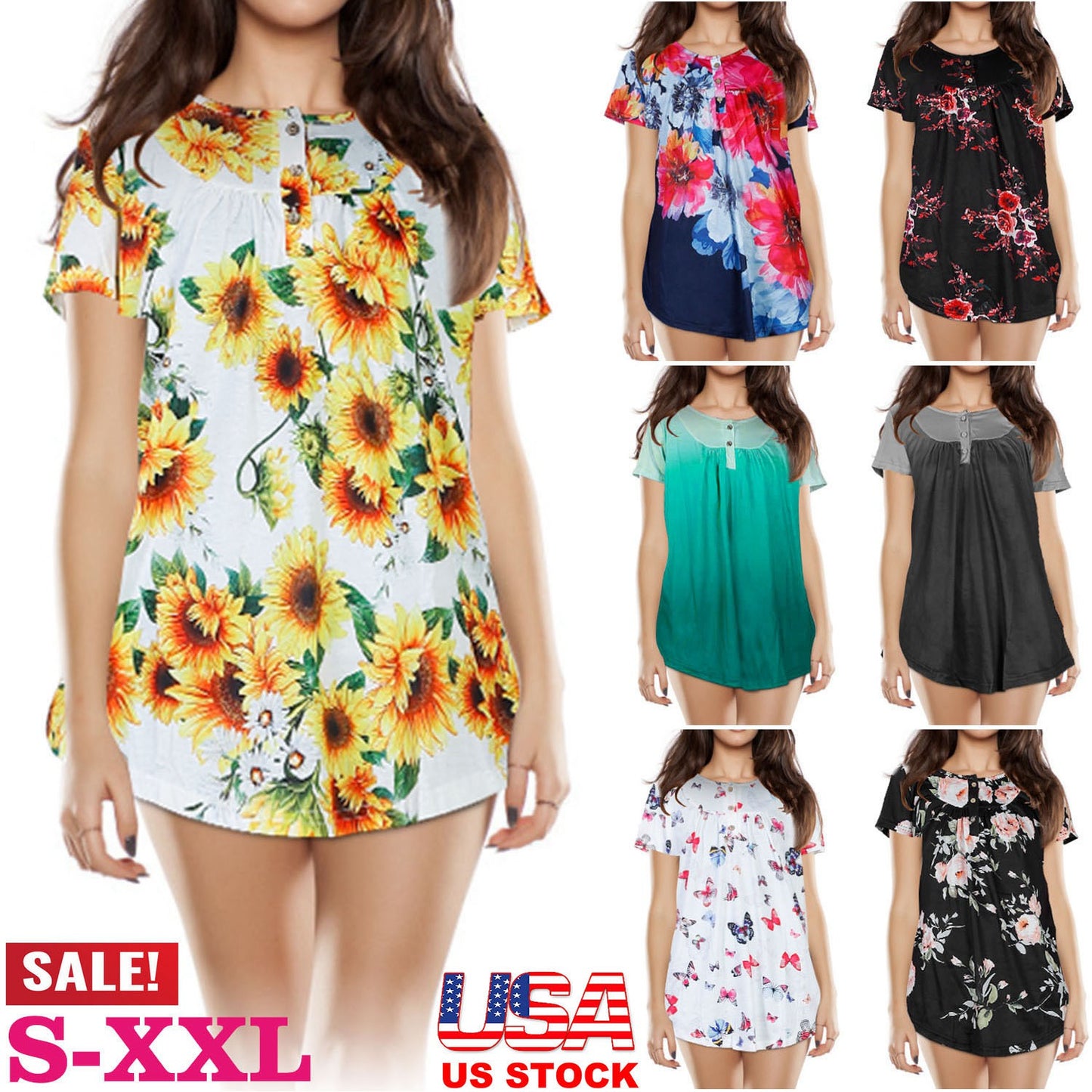 Women Summer Shirts Tops Loose Short Sleeve T Shirts Casual Floral Printed