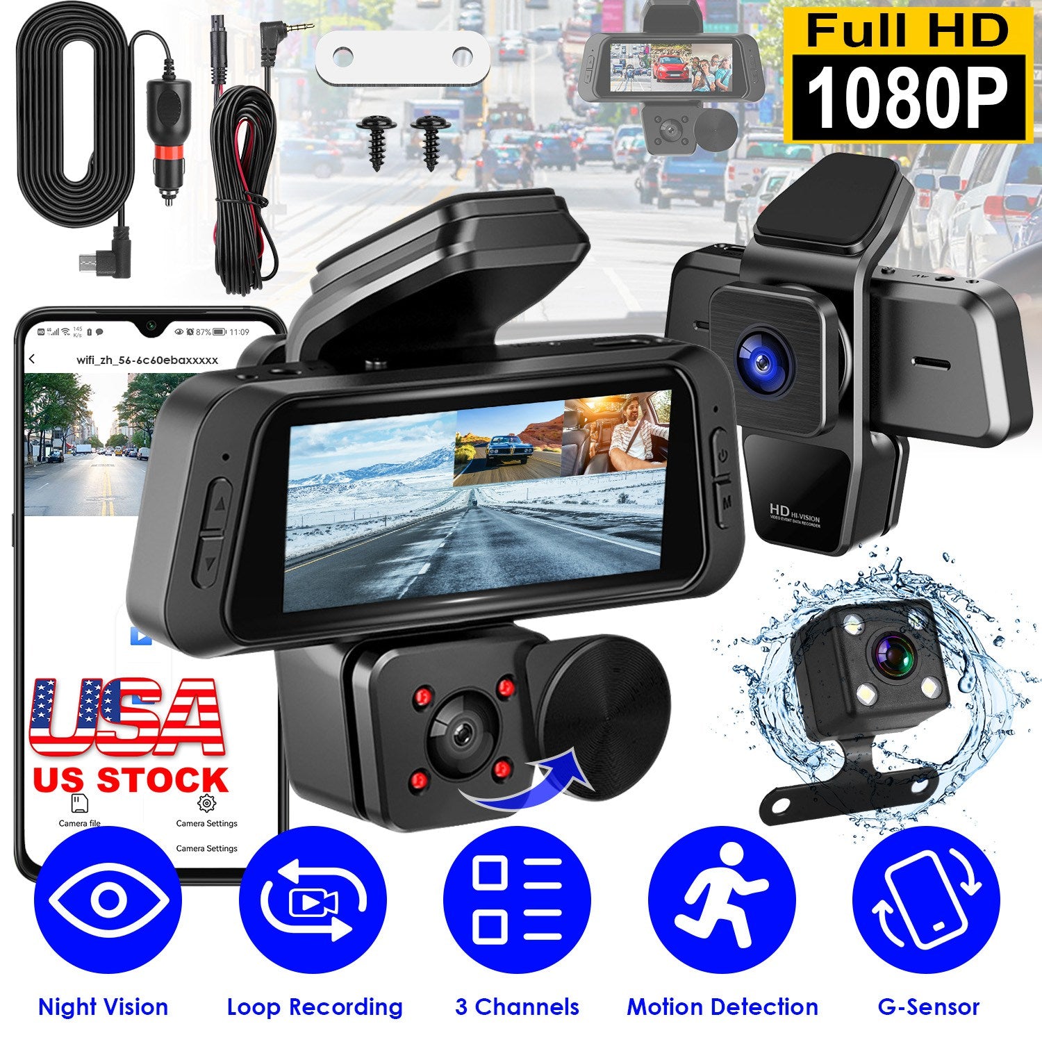 1080P FHD 3 Channel WiFi Dash Cam 170° Wide Angle Triple Car Camera With IR