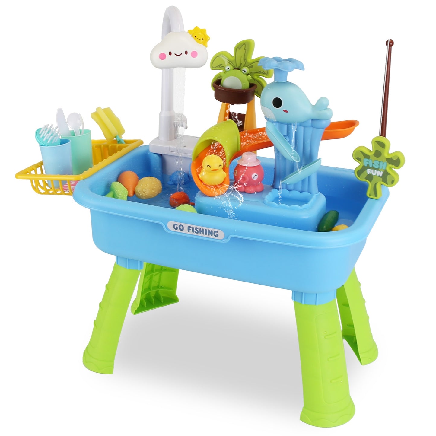 3 In 1 Kitchen Sink Toy with Electric Faucet Water Table Fishing Game Role Play