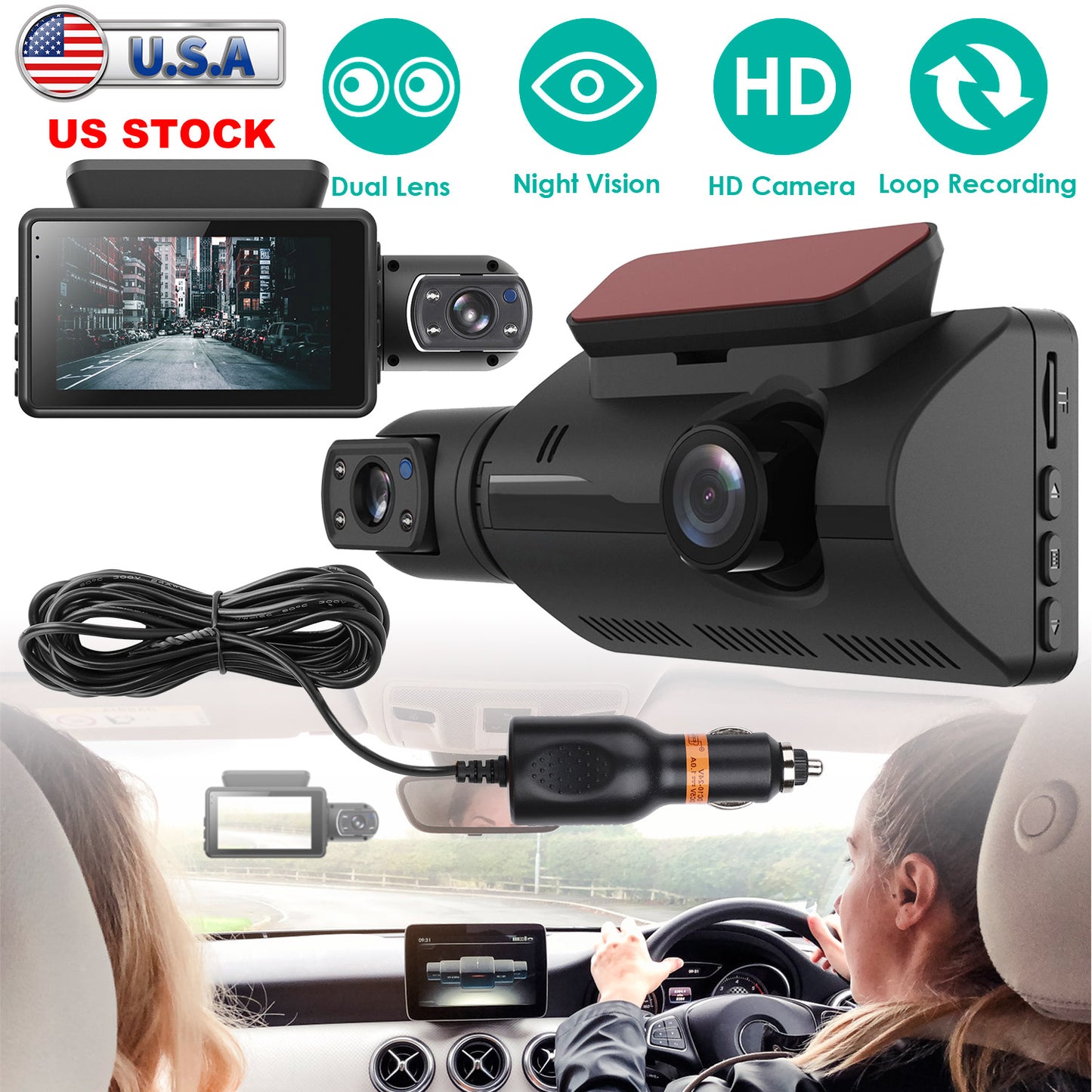 Dual Lens Car DVR Dash Cam Video Recorder 720P Front Inside Camera Loop